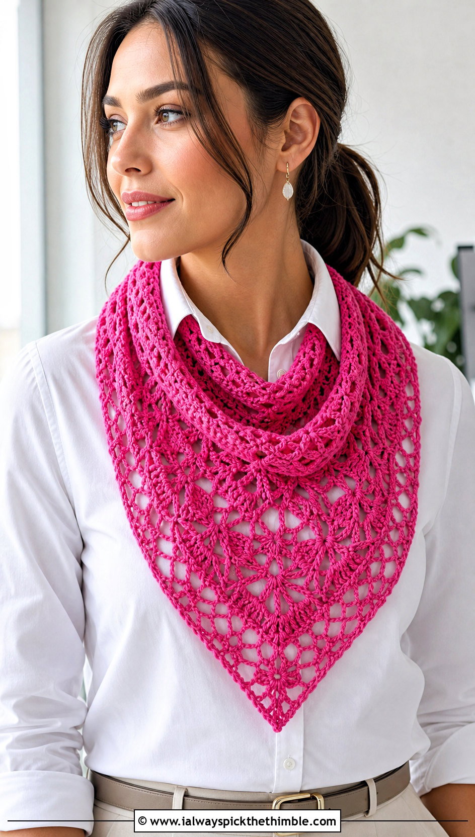 Lace One Skein Triangle Crochet Scarf With White Shirt - 15 One Skein Triangle Crochet Scarf outfit ideas