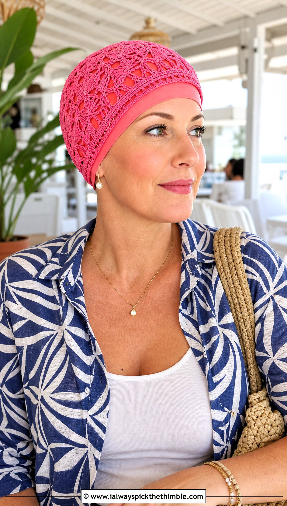 Lace Panel Crochet Chemo Cap With Resort Set - 20 Crochet Summer Chemo Caps outfit ideas