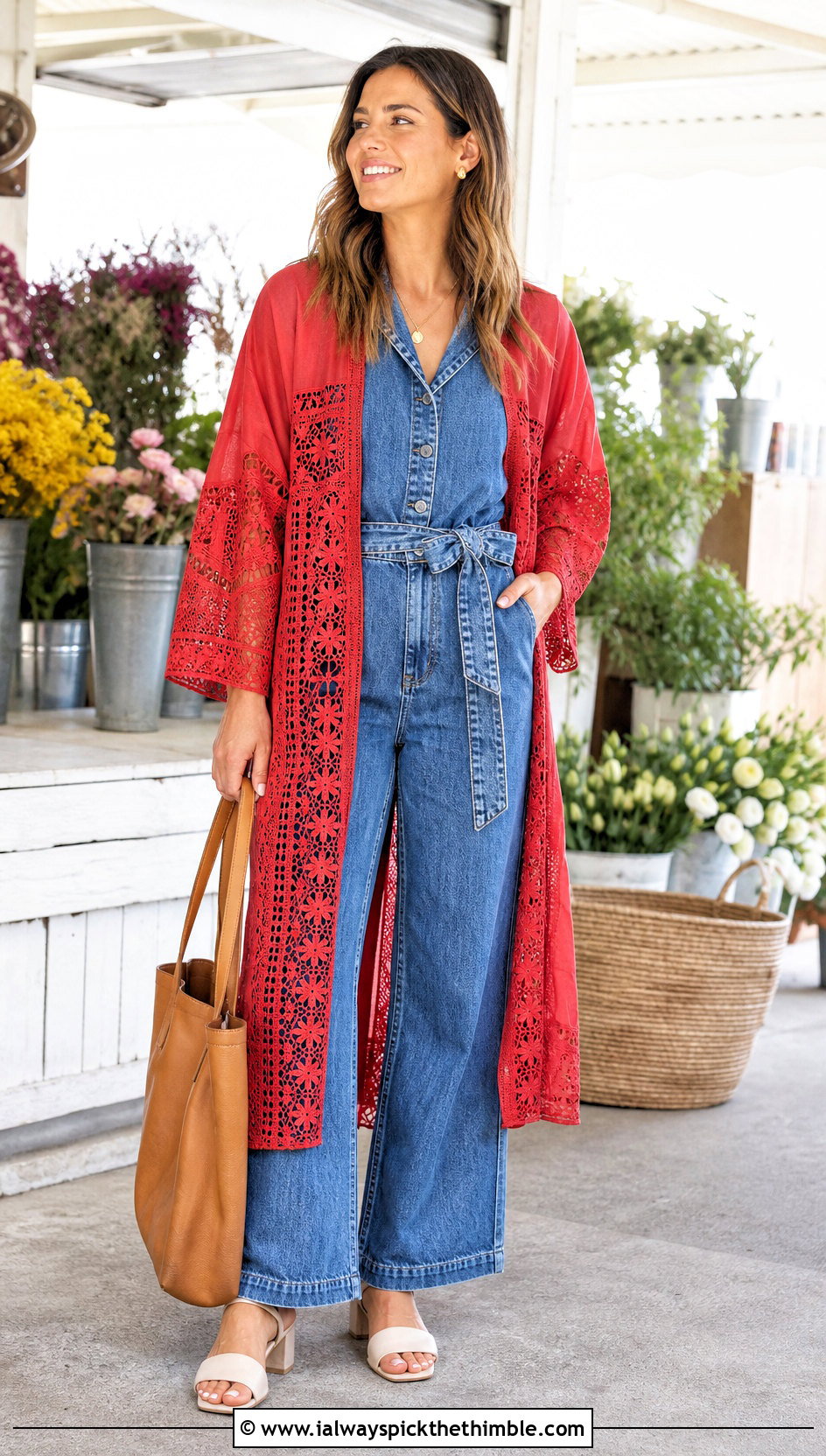 Lace Panel Crochet Kimono With Denim Jumpsuit - 20 crochet lace kimono outfit ideas