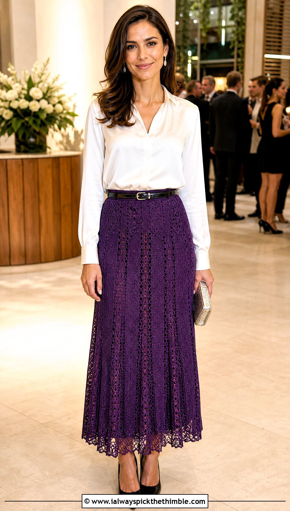 Lace Panel Crochet Long Skirt With Silk Blouse - 15 Crochet Long Skirt Aesthetic outfit ideas