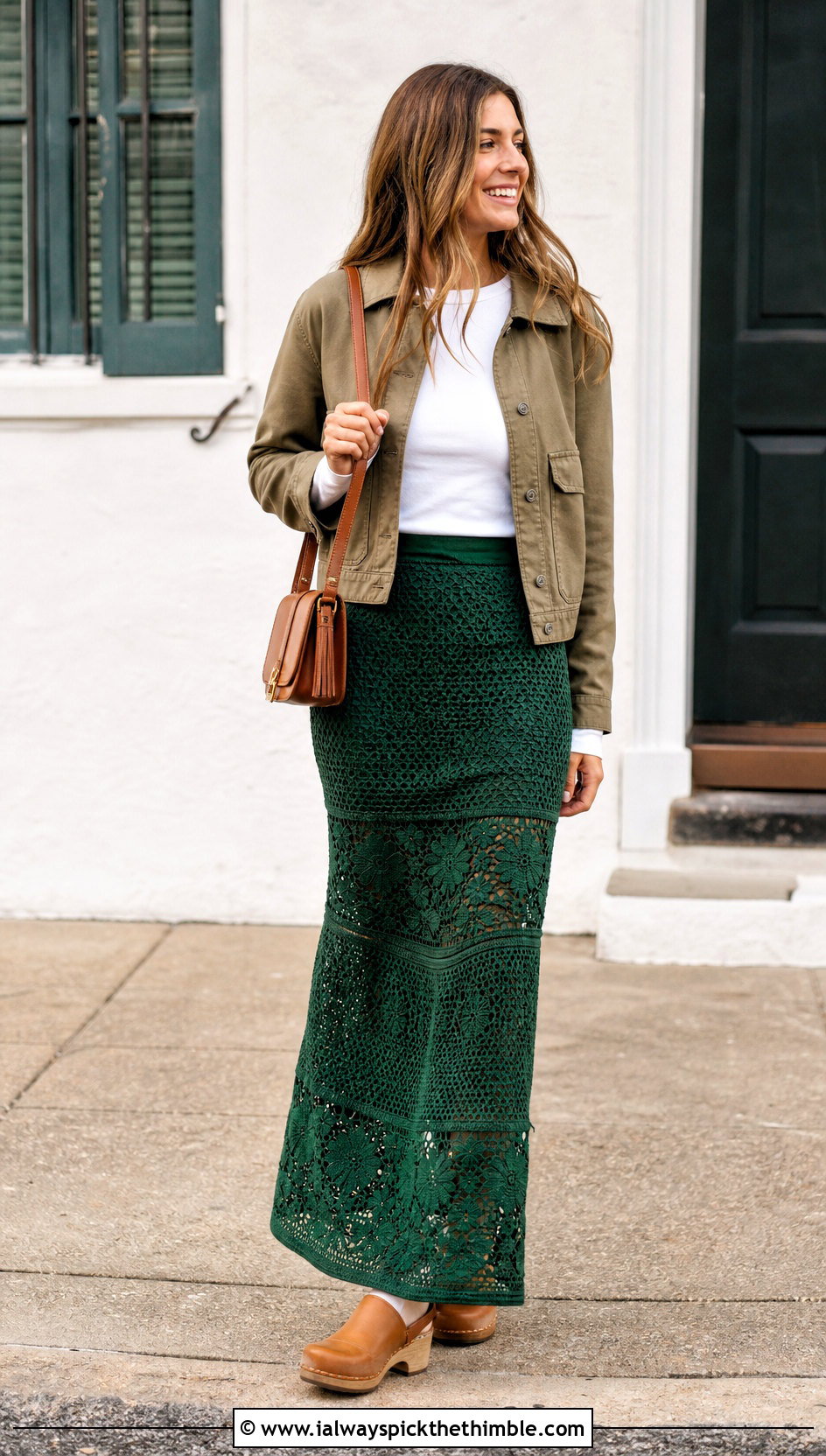 Lace Panel Crochet Long Skirt With Utility Jacket - 25 crochet long skirt outfit ideas