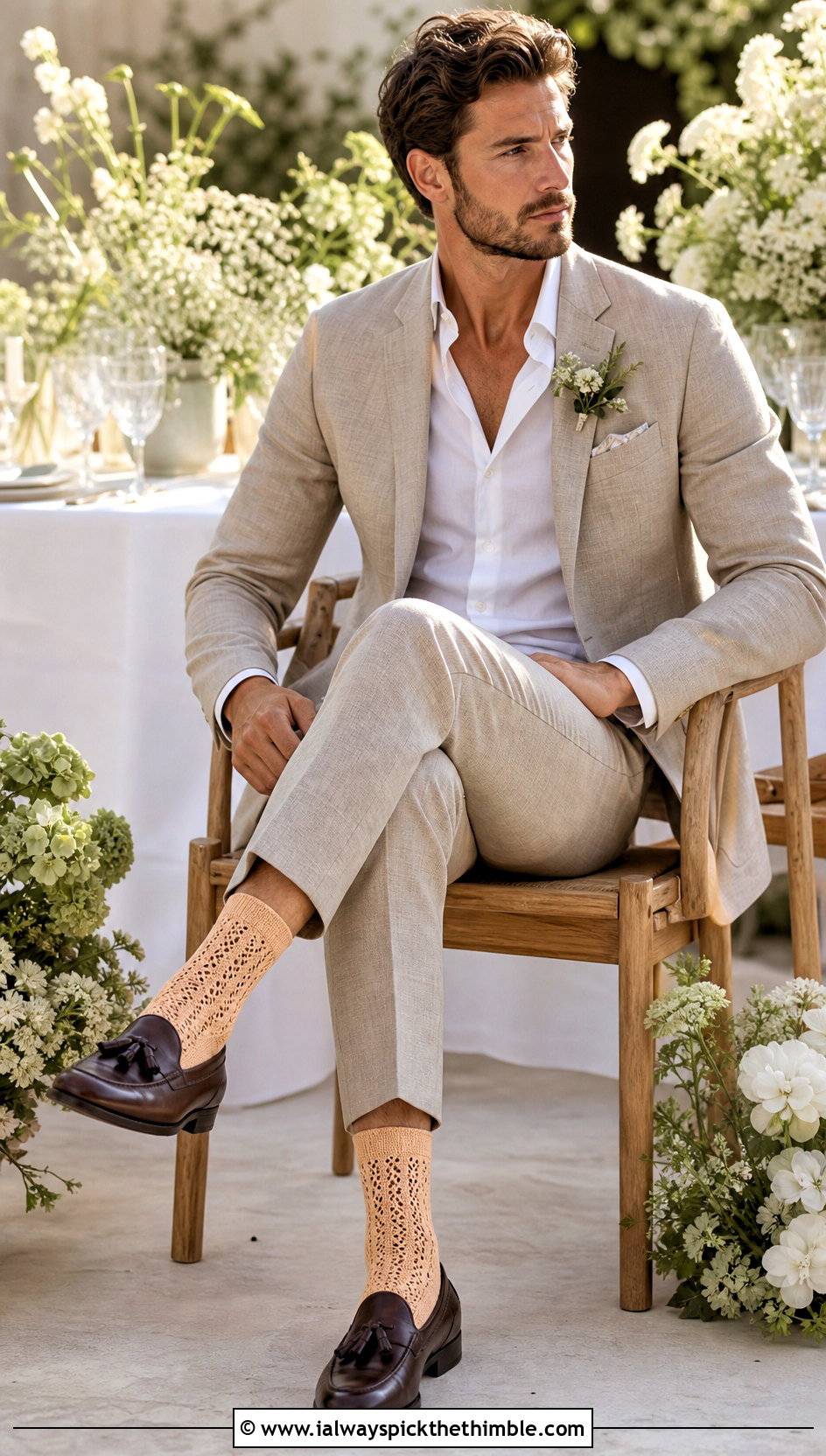 Lace Panel Crochet Socks With Linen Suit And Loafers - 25 crochet socks for men outfit ideas