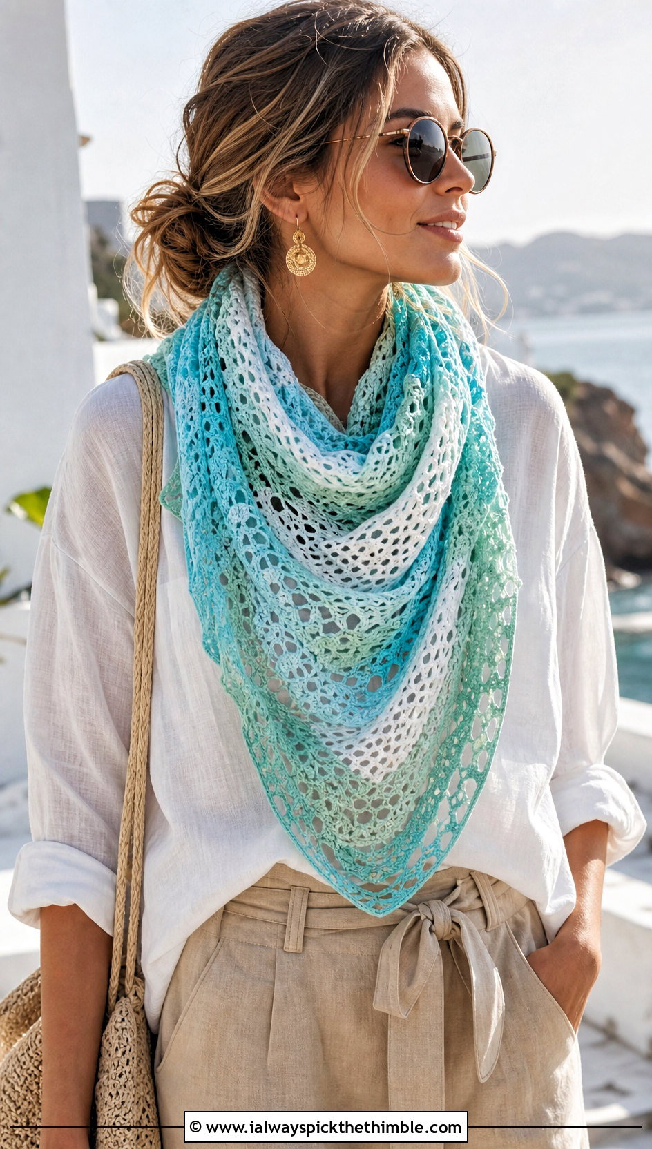 Lace Patchwork Crochet Scarf With Linen Shirt - 15 Patchwork Crochet Scarf outfit ideas