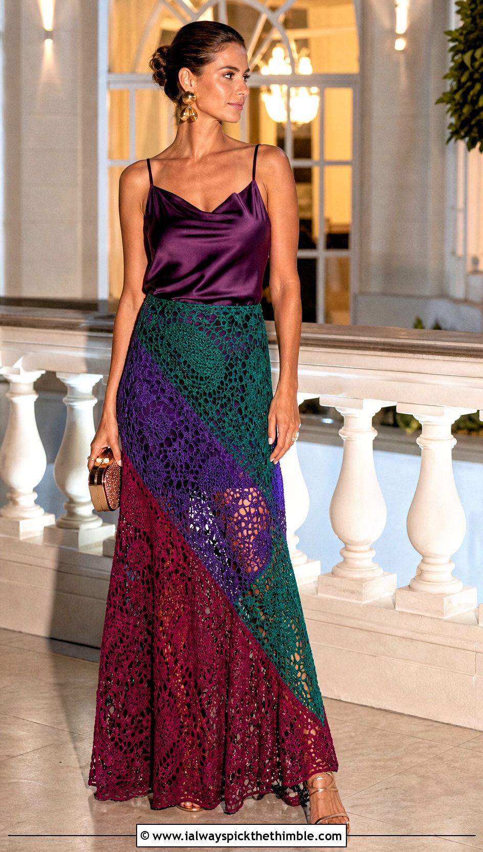 Lace Patchwork Maxi Skirt With Satin Camisole - 20 crochet patchwork skirt outfit ideas