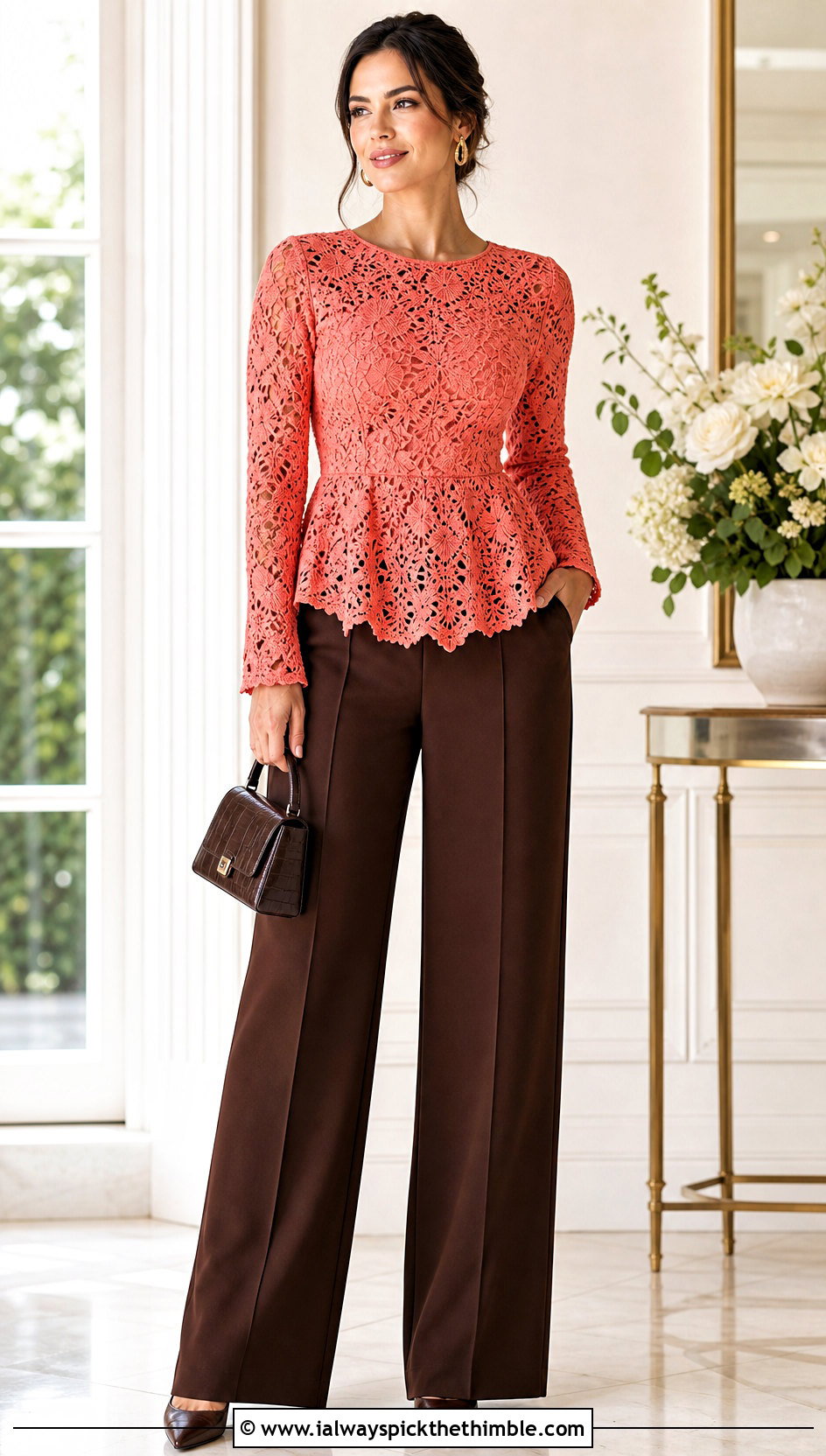 Lace Peplum Crochet Top With Wide Leg Trousers - 20 aesthetic long sleeve crochet tops outfit ideas