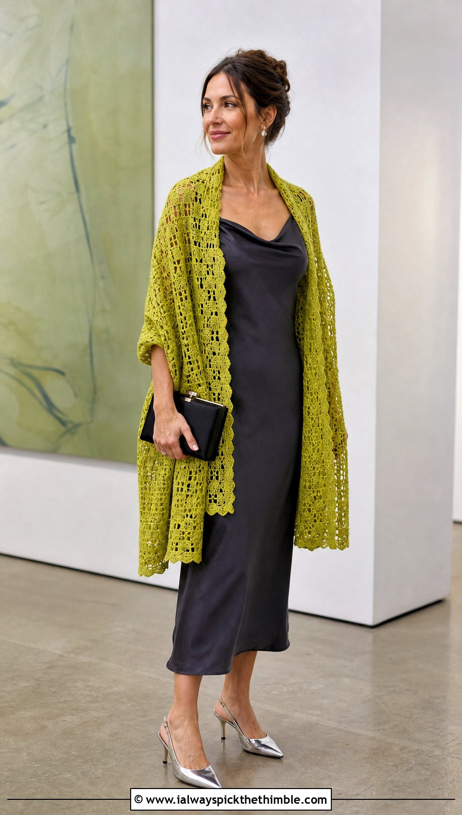 Lace Rectangular Crochet Wrap With Satin Slip Dress - 20 beautiful crochet shawls and wraps outfit ideas