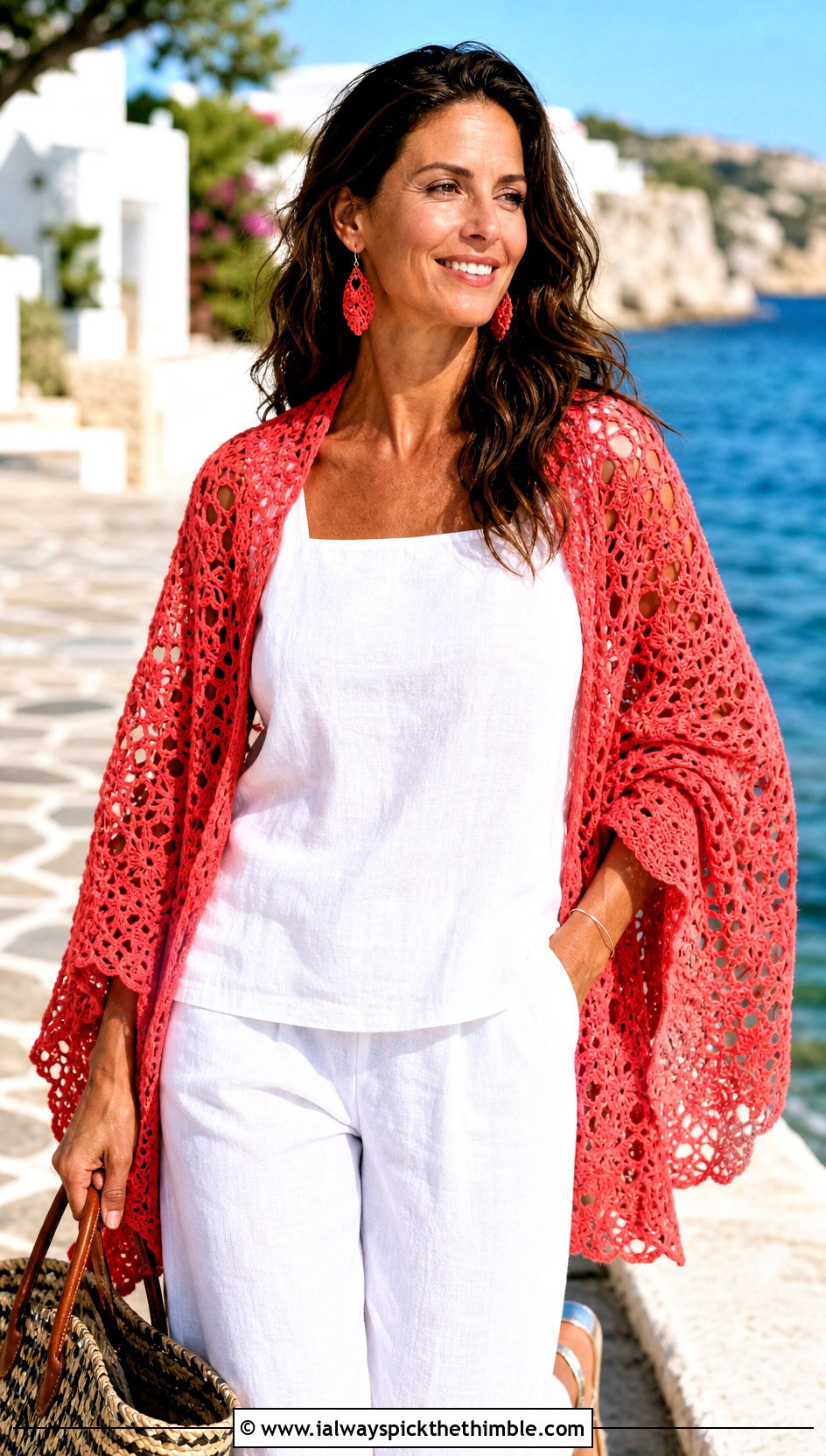 Lace Red Crochet Shawl With Linen Set And Sandals - 15 red crochet shawl outfit ideas