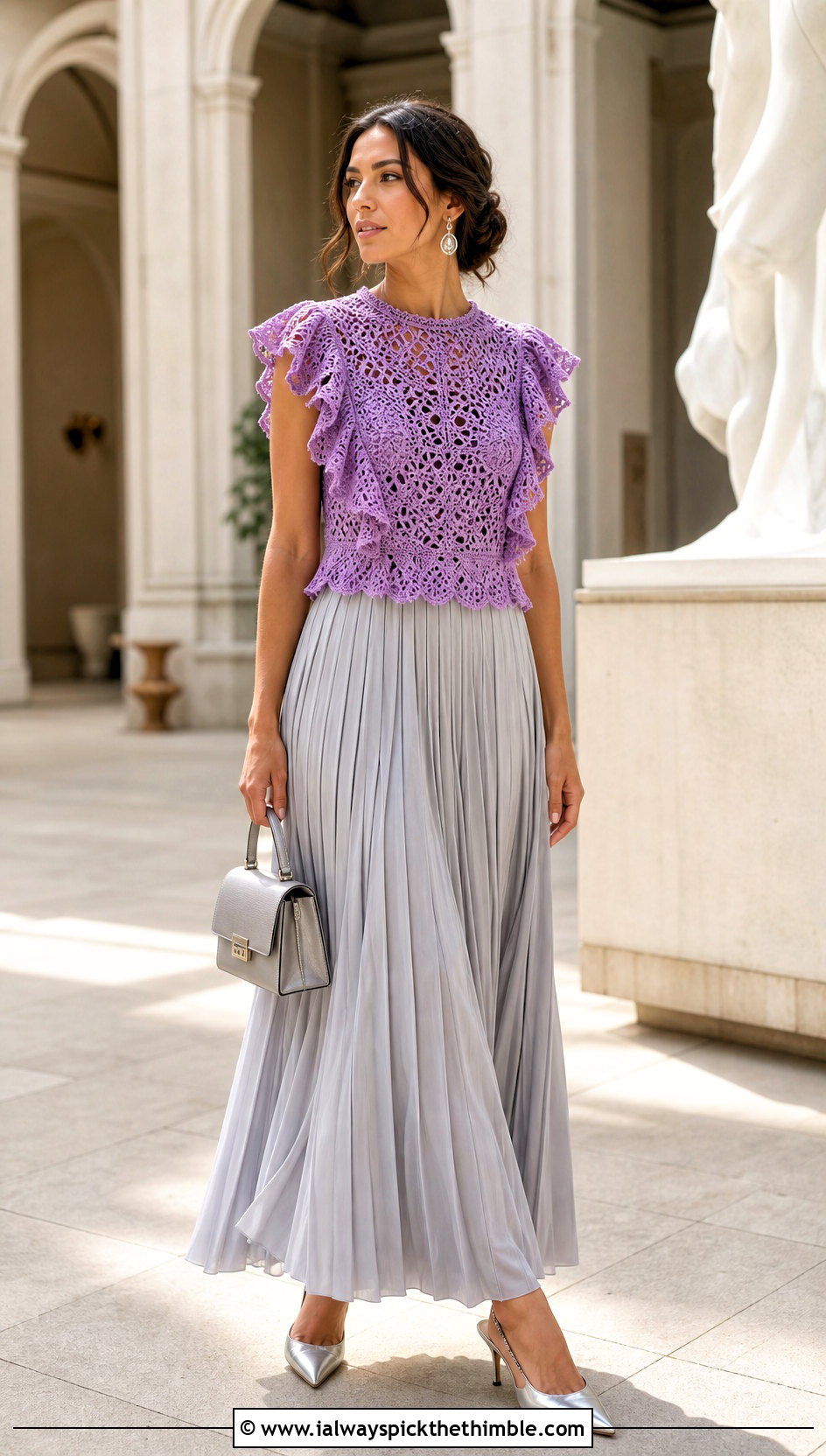 Lace Ruffle Edge Top With Pleated Maxi Skirt - 15 Crochet Ruffle Edging Top outfit ideas