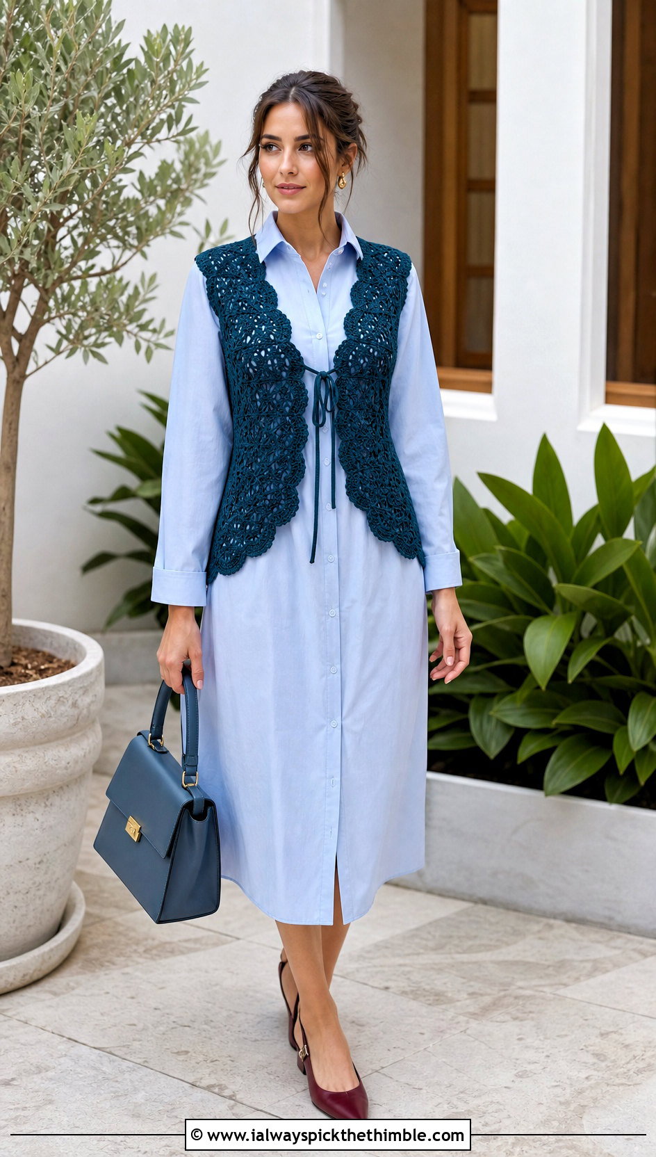 Lace Scalloped Tie Crochet Vest With Shirt Dress - 25 crochet tie vest outfit ideas