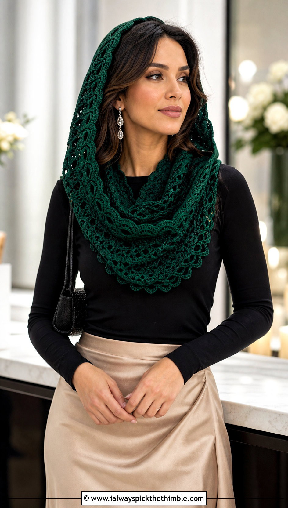 Lace Shell Crochet Cowl Hood With Satin Skirt - 20 crochet cowl hood outfit ideas