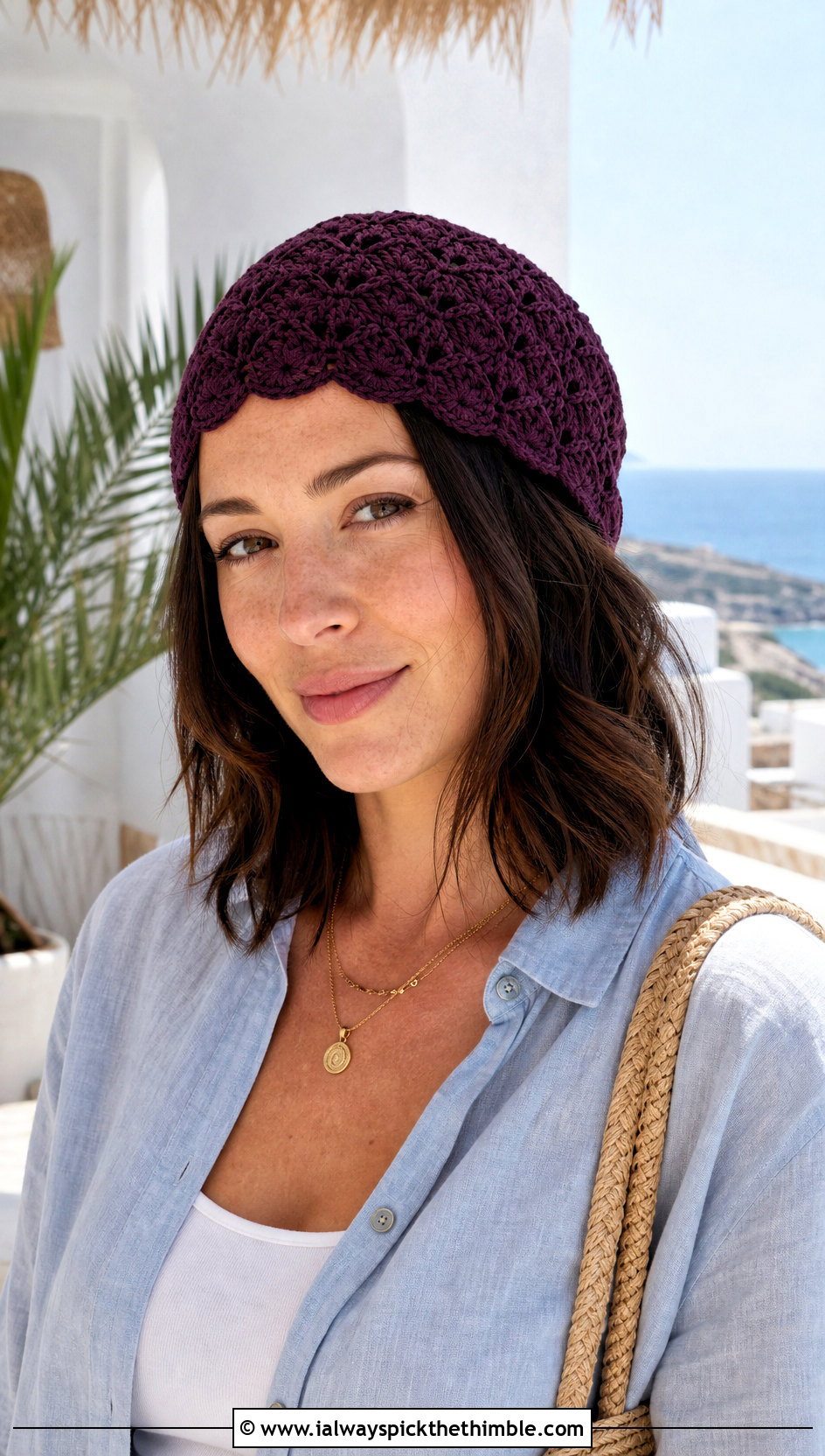 Lace Shell Stitch Crochet Beanie With Linen Shirt And Pants - 15 Crochet Lightweight Beanie outfit ideas