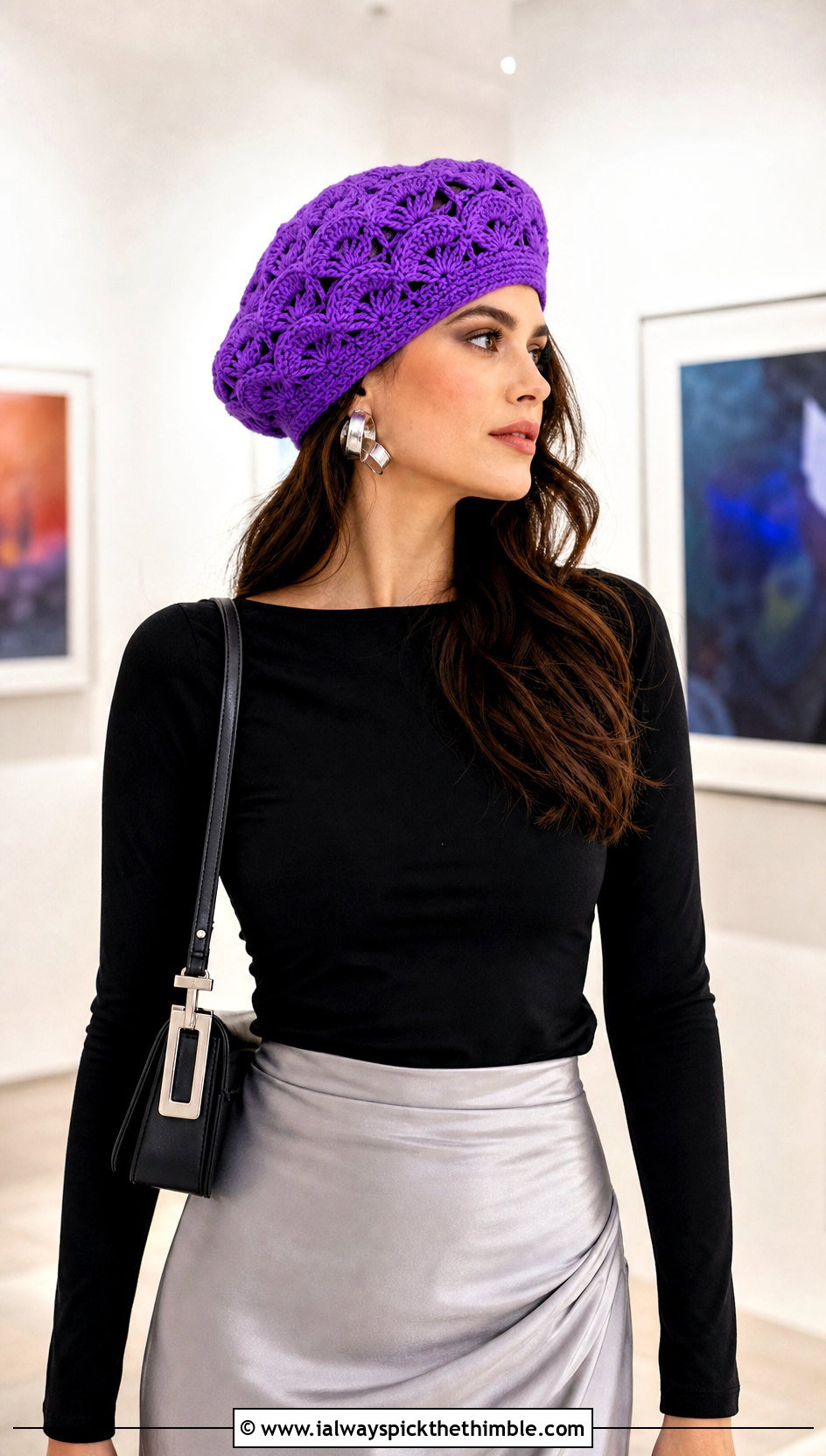 Lace Shell Stitch Crochet Beret Hat With Satin Midi Skirt - 20 crochet beret hat outfit ideas