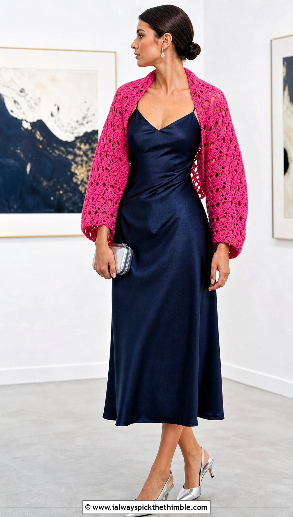 Lace Shell Stitch Crochet Cocoon Shrug With Slip Dress - 20 Easy Crochet Cocoon Shrug outfit ideas