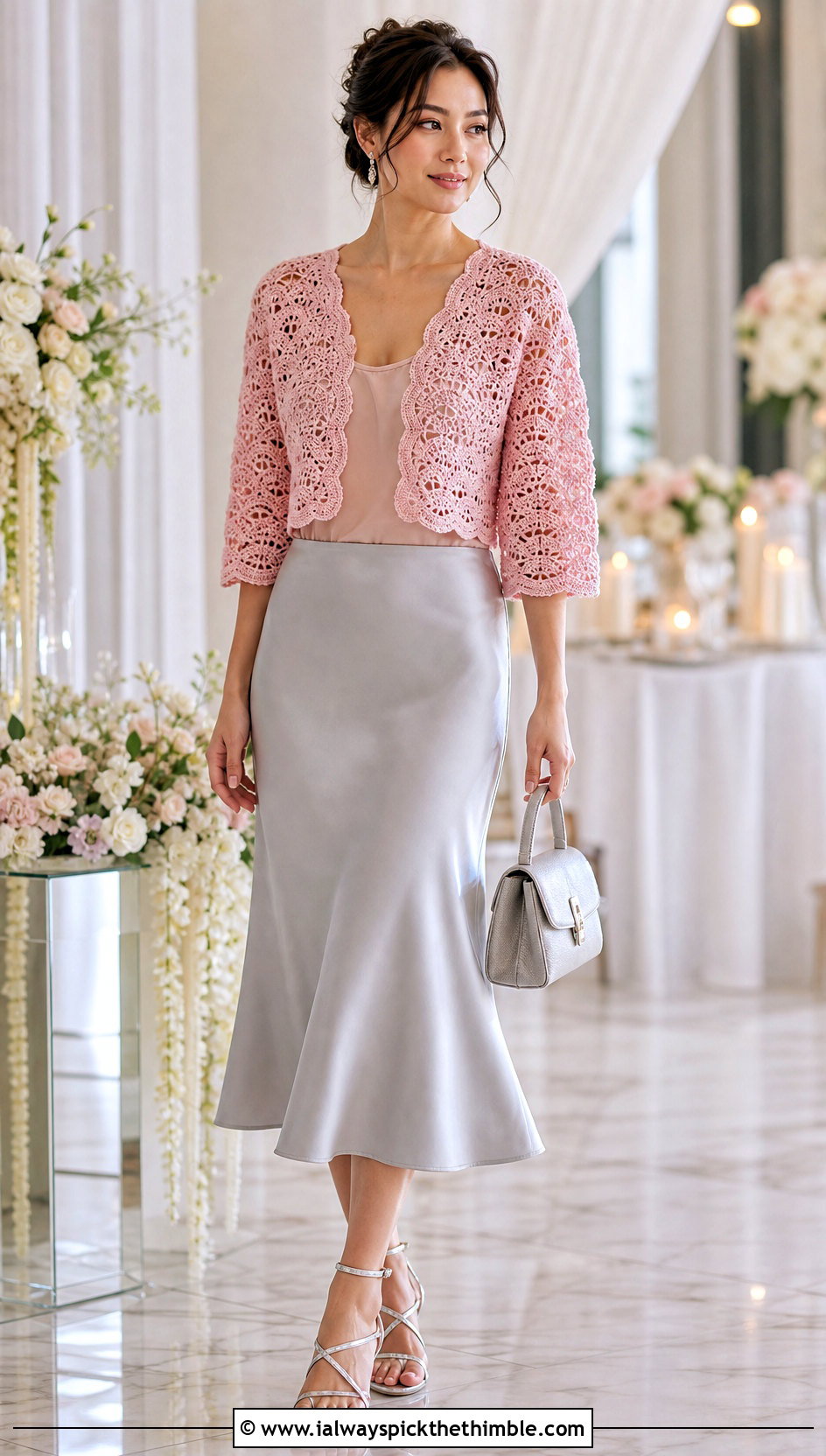 Lace Shell Stitch Crochet Crop Shrug With Satin Midi Skirt - 20 Crochet Crop Shrug outfit ideas