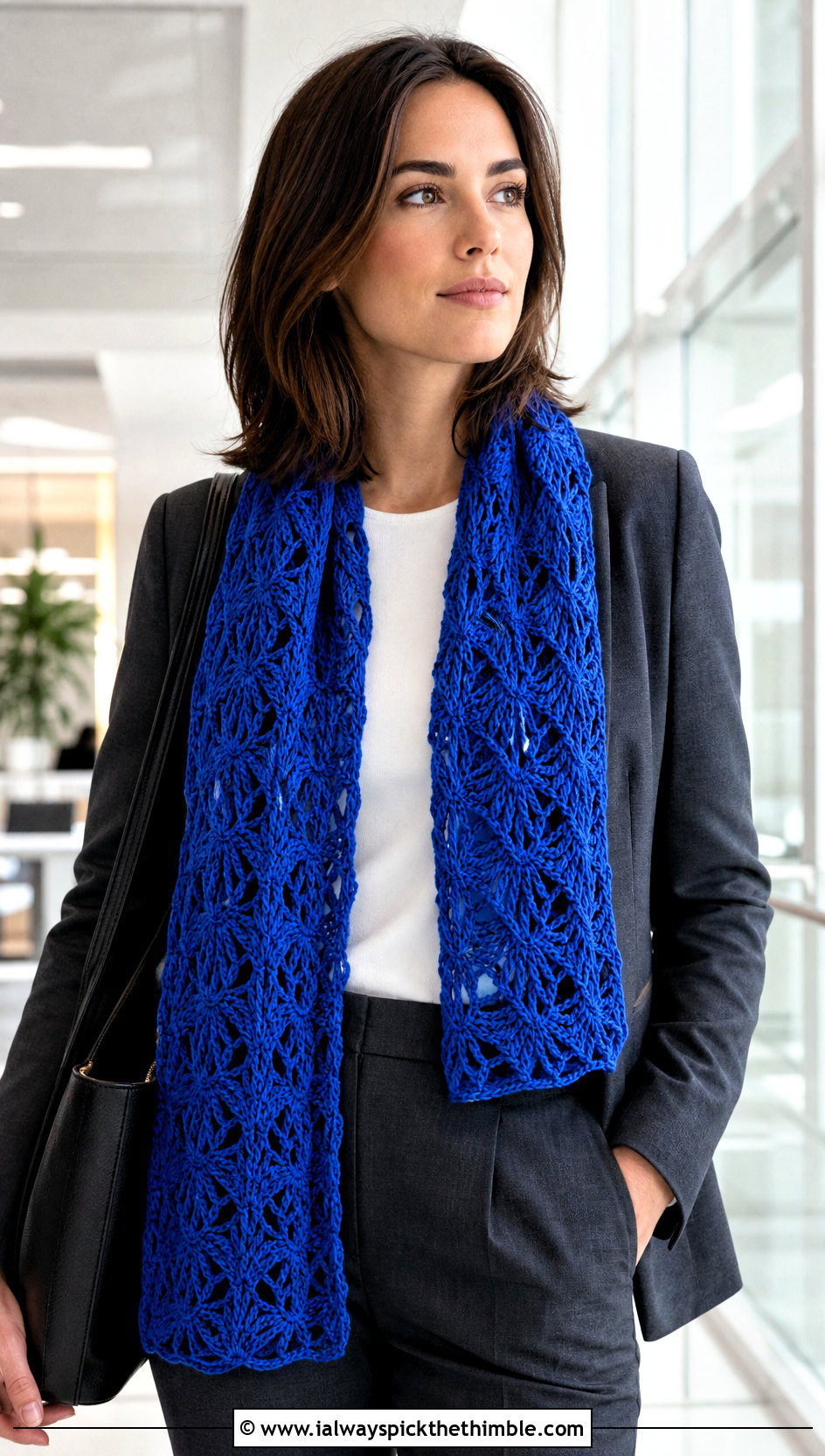 Lace Shell Stitch Scarf With Blazer And Trousers - 20 Shell Crochet Scarf outfit ideas