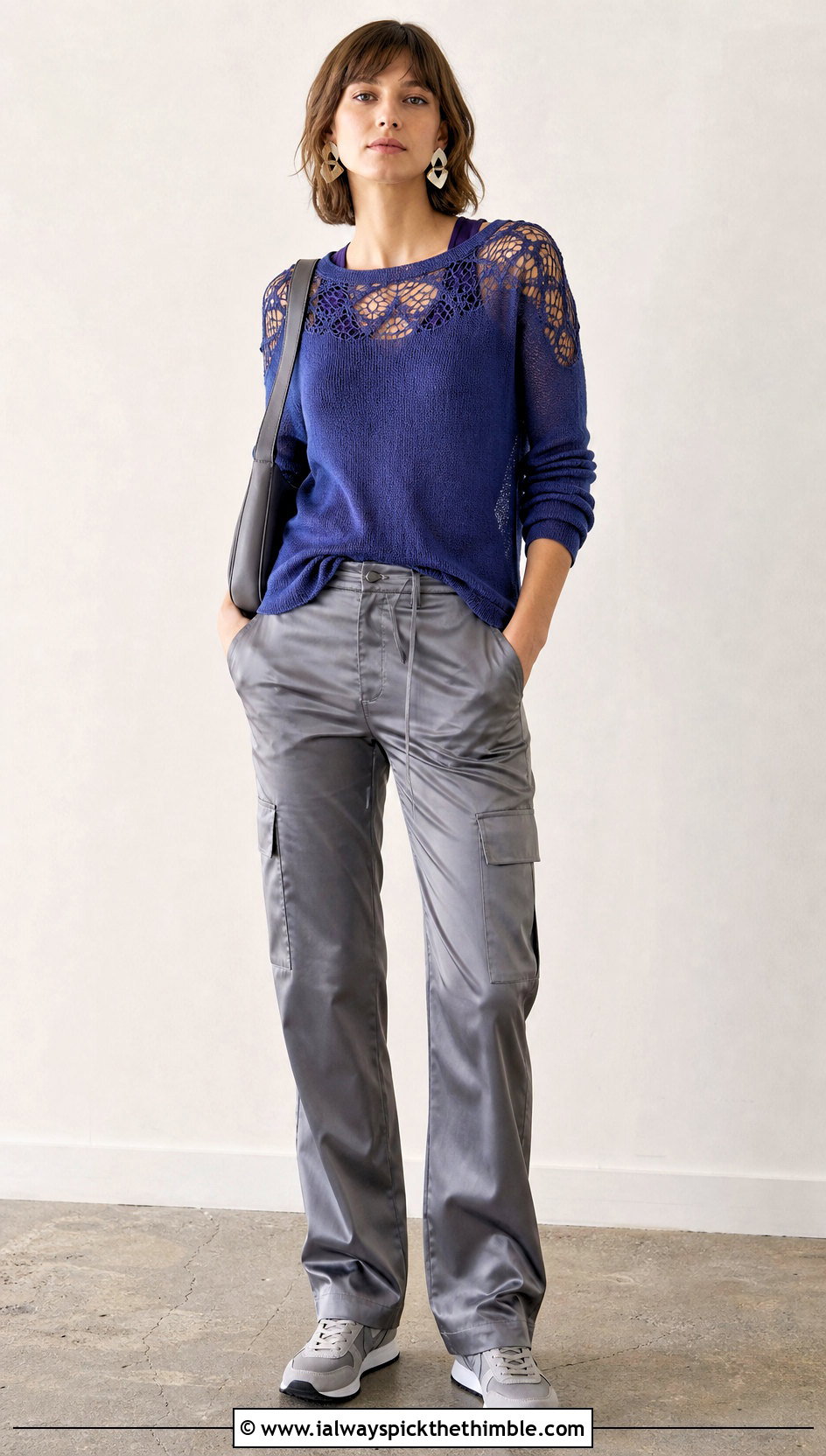 Lace Shoulder Panel Sweater With Satin Cargo Pants - 20 crochet panel sweater outfit ideas