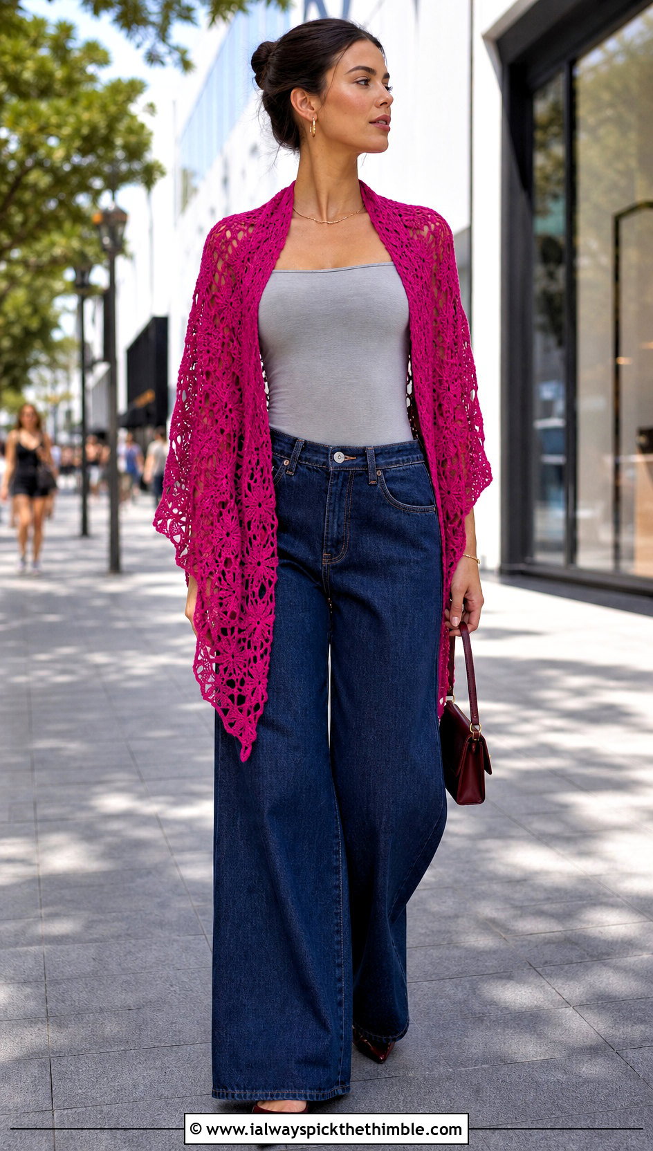Lace Sleeved Crochet Scarf With Wide Leg Jeans - 20 Sleeved Crochet Scarf outfit ideas