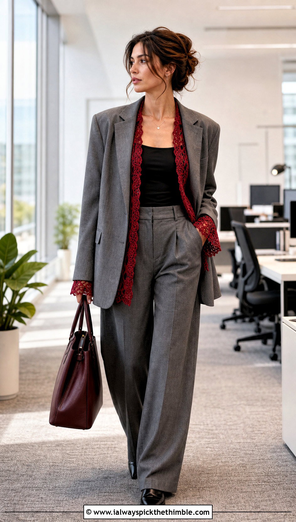 Lace Slouchy Crochet Cardigan With A Blazer And Trousers - 20 Slouchy Crochet Cardigan outfit ideas