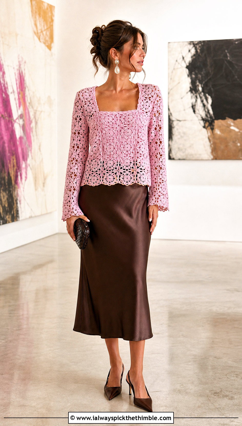 Lace Square Crochet Blouse With Satin Skirt - 20 Square Crochet Top outfit ideas