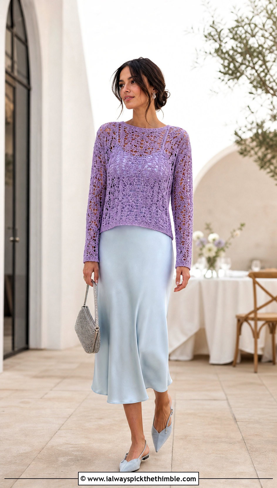 Lace Square Sweater With Bias Cut Midi Skirt - 25 Crochet Square Sweater outfit ideas