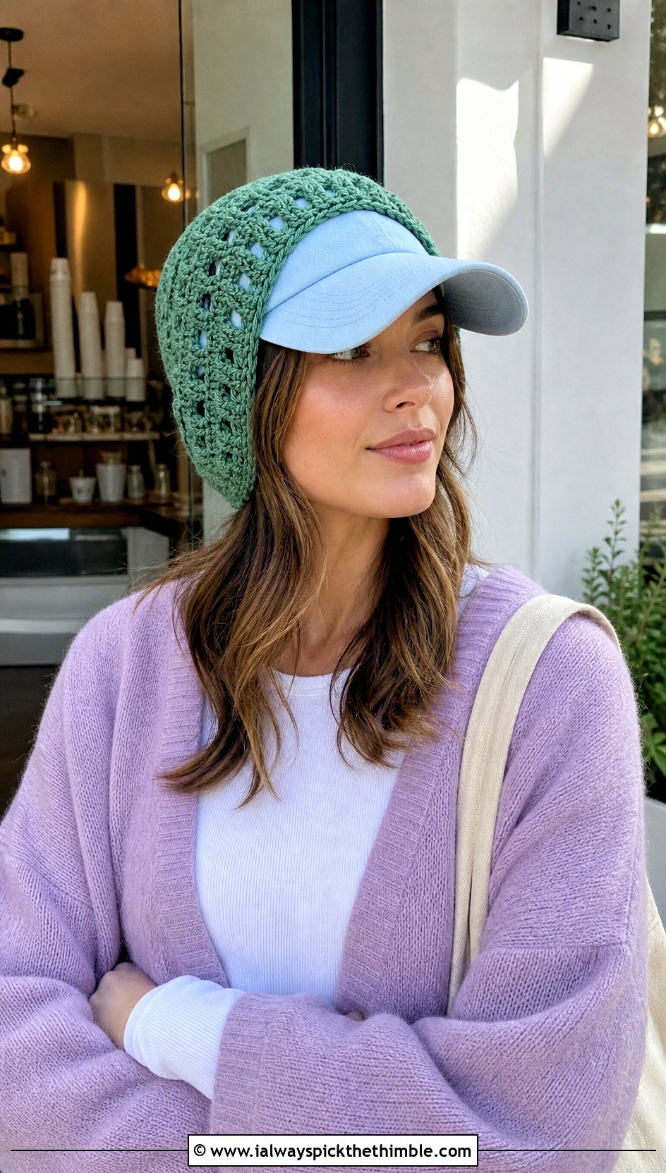Lace Stitch Baseball Hat Ear Warmer With Oversized Cardigan - 20 Crochet Baseball Hat Ear Warmer outfit ideas