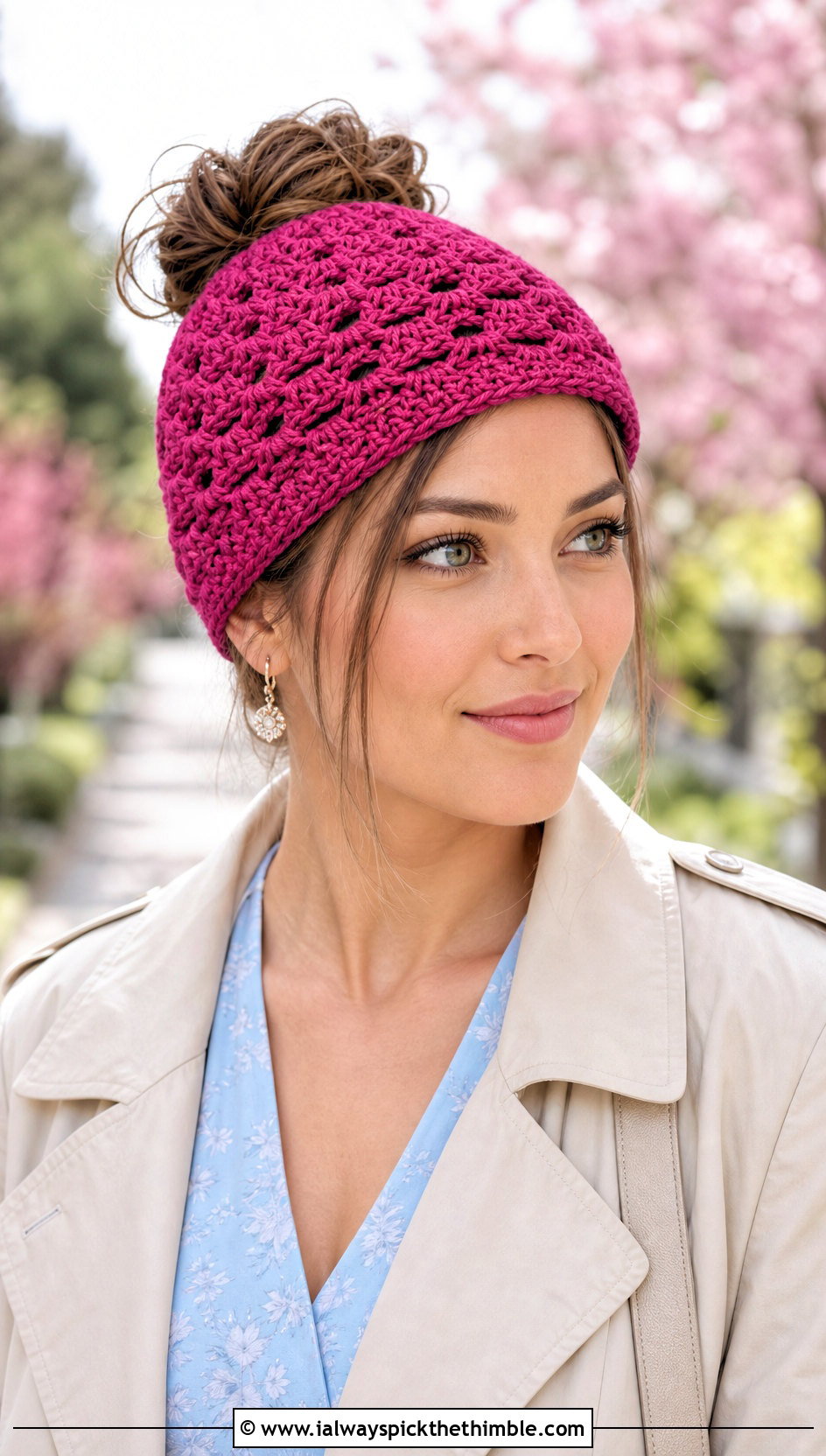 Lace Stitch Bun Crochet Beanie With Trench Coat And Midi Dress - 20 Bun Crochet Beanie outfit ideas
