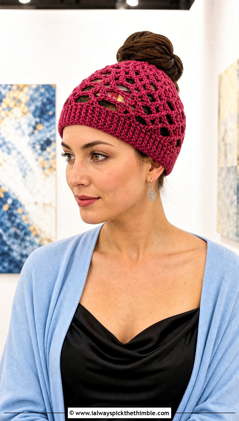 Lace Stitch Bun Hat With Cardigan And Slip Dress - 25 crochet bun hat outfit ideas