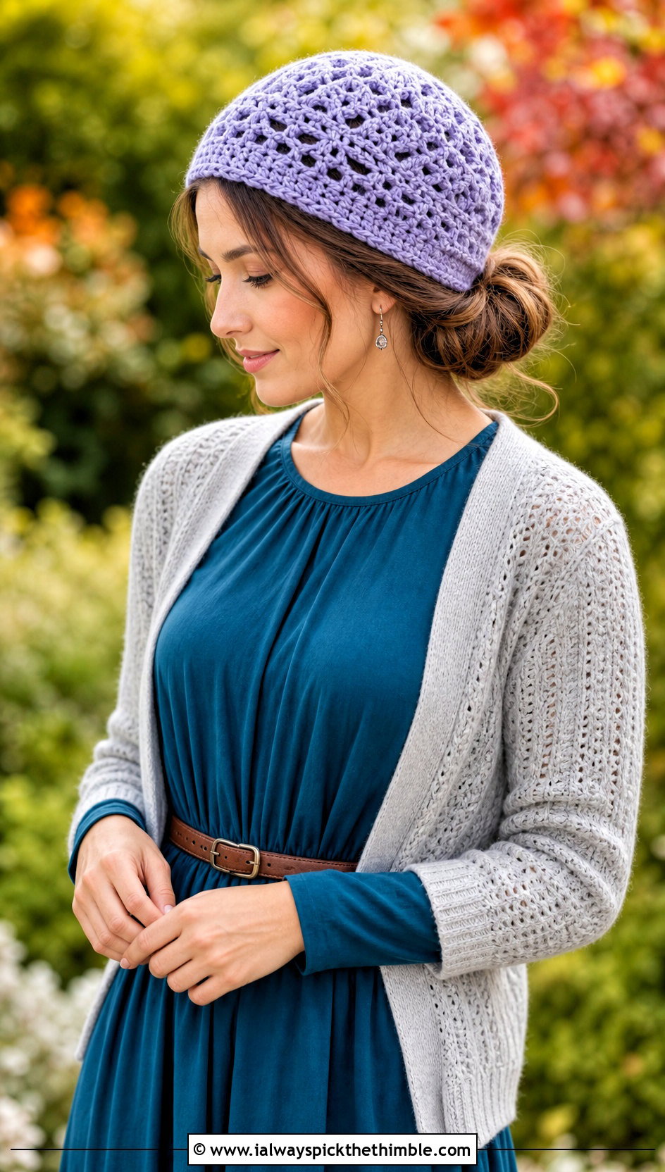Lace Stitch Crochet Bun Hat With Maxi Dress And Cardigan - 15 Crochet Bun Hats outfit ideas
