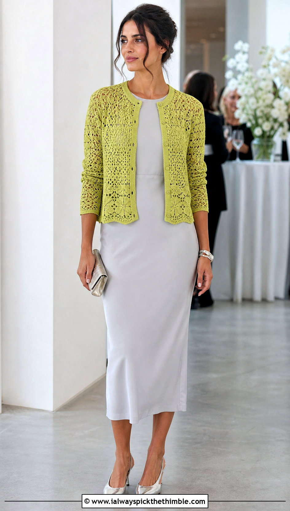 Lace Stitch Crochet Button Cardigan With Column Dress - 20 Crochet Button Cardigan outfit ideas