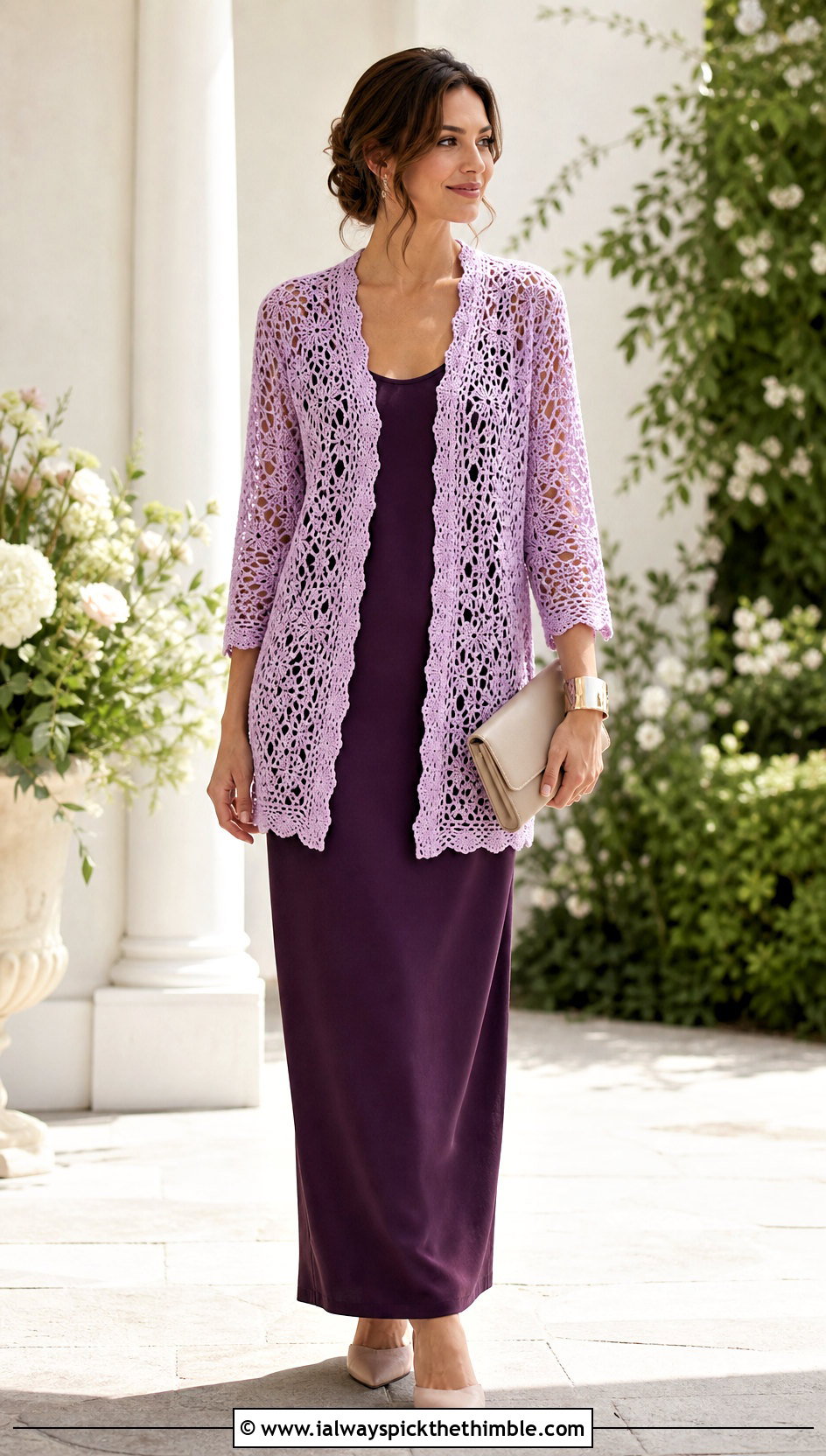 Lace Stitch Crochet Cardigan With Column Dress - 20 lightweight crochet cardigan outfit ideas