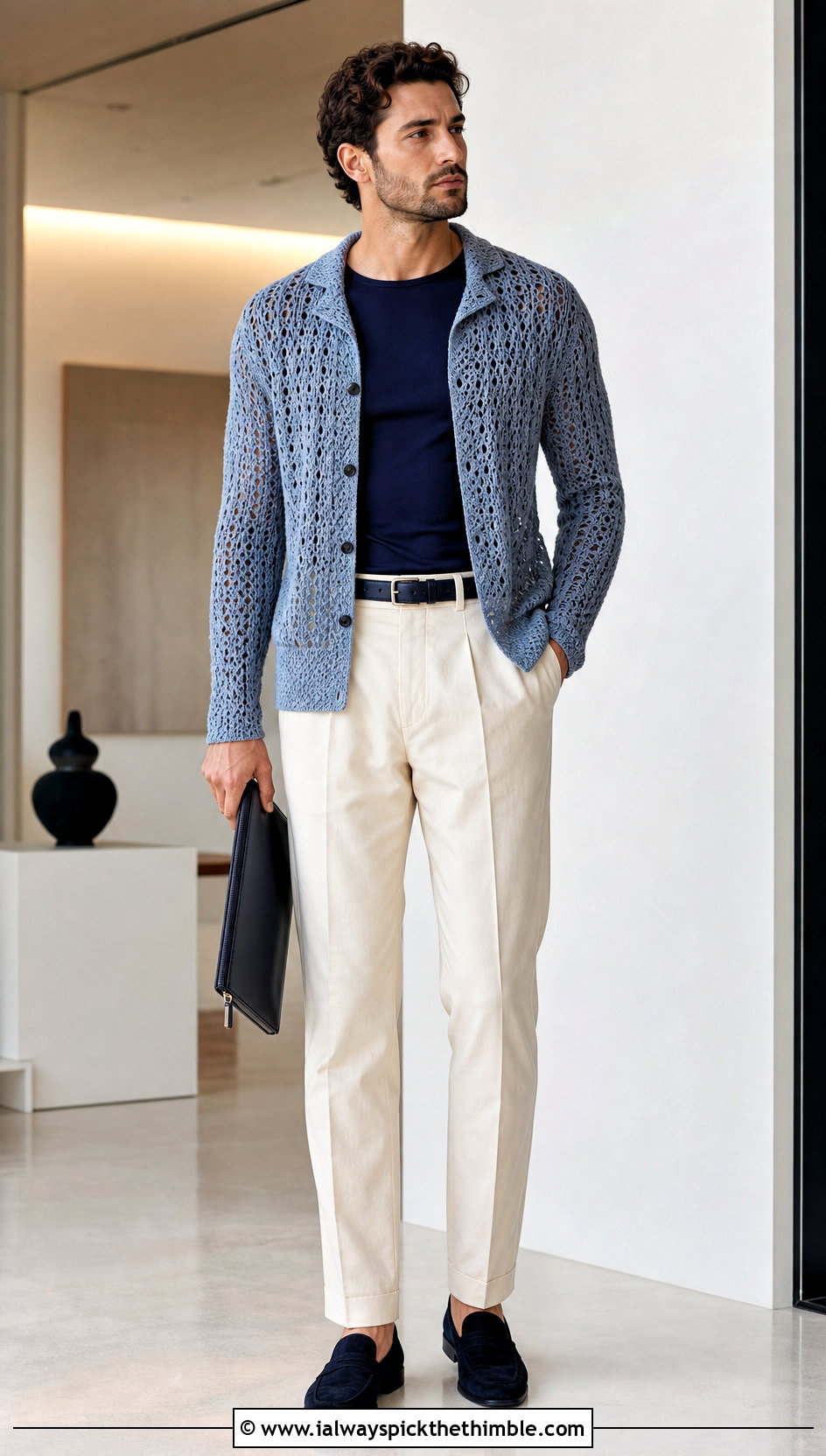Lace Stitch Crochet Cardigan With Suit Pants - 20 crochet man cardigan outfit ideas
