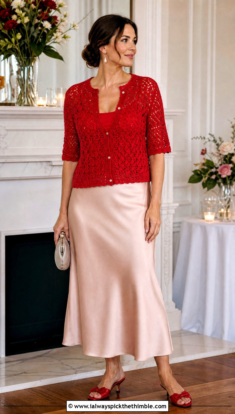 Lace Stitch Crochet Half Sweater With Satin Skirt - 25 crochet half sweater outfit ideas