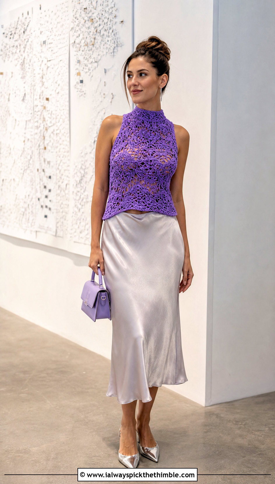 Lace Stitch Crochet High Neck Tank Top With Satin Midi Skirt - 20 crochet high neck tank top outfit ideas