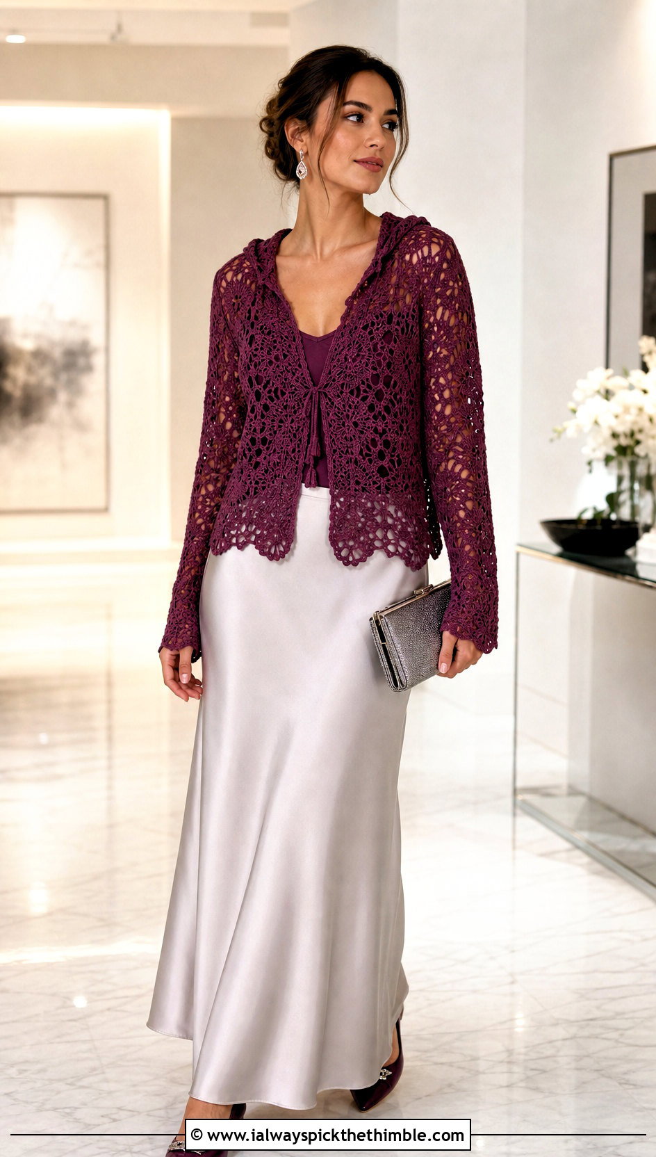 Lace Stitch Crochet Hoodie With Satin Maxi Skirt - 25 crochet hoodie outfit ideas