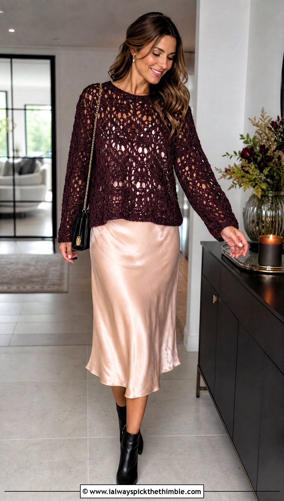 Lace Stitch Crochet Jumper Over A Slip Dress - 20 crochet jumper for women outfit ideas