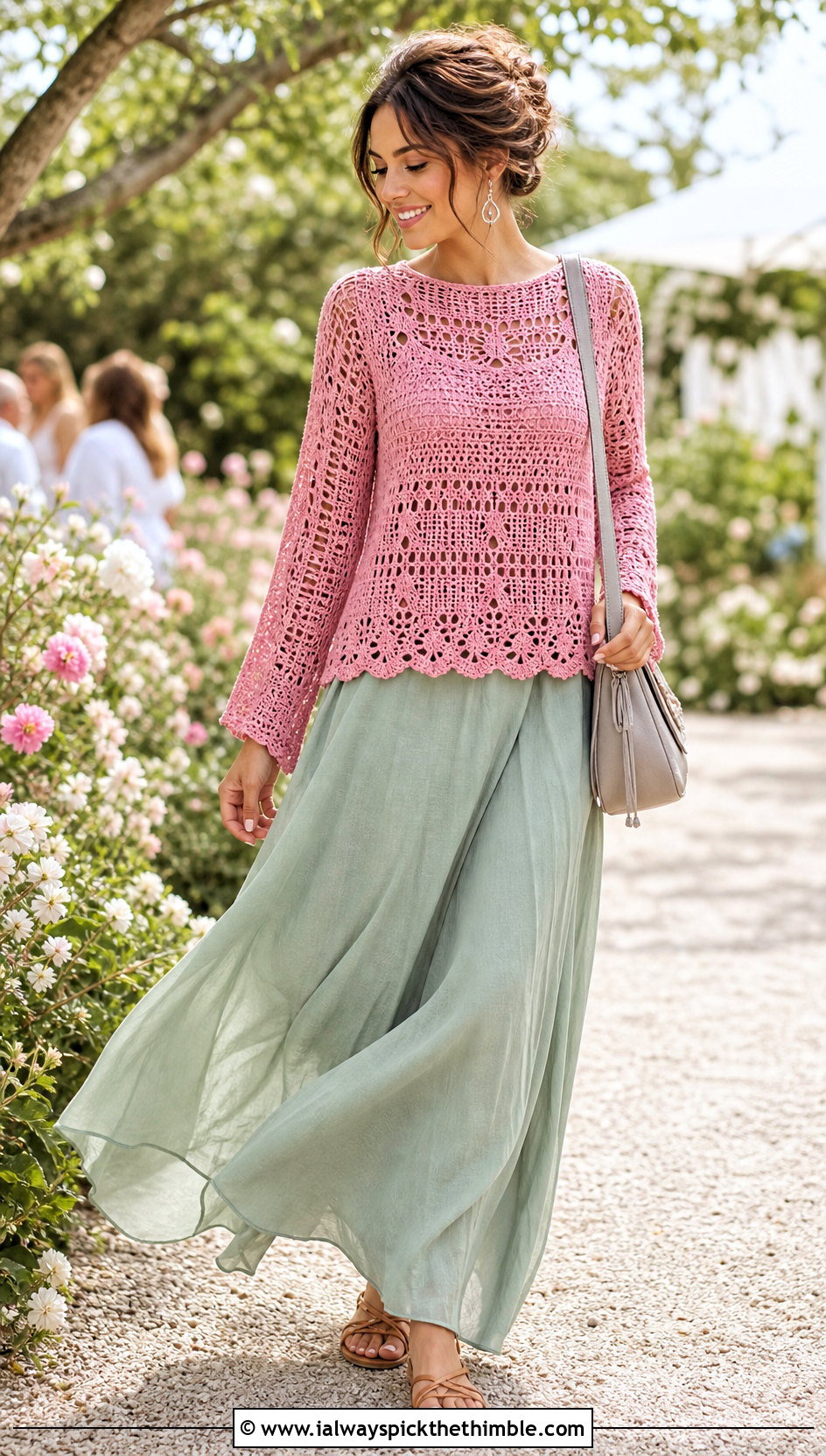Lace Stitch Crochet Jumper With Flowing Maxi Skirt - 20 simple crochet jumper outfit ideas