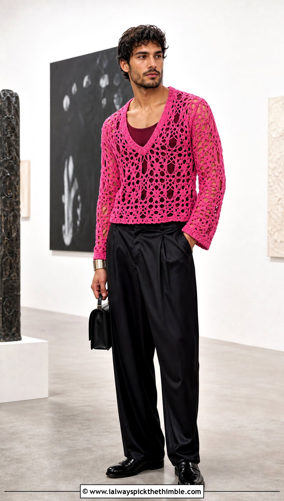 Lace Stitch Crochet Jumper With Satin Trousers - 25 men crochet jumper outfit ideas