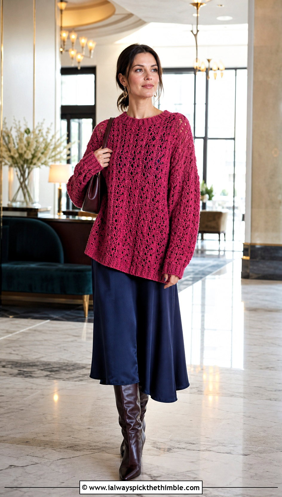 Lace Stitch Crochet Jumper With Slip Dress - 20 oversized crochet jumper outfit ideas