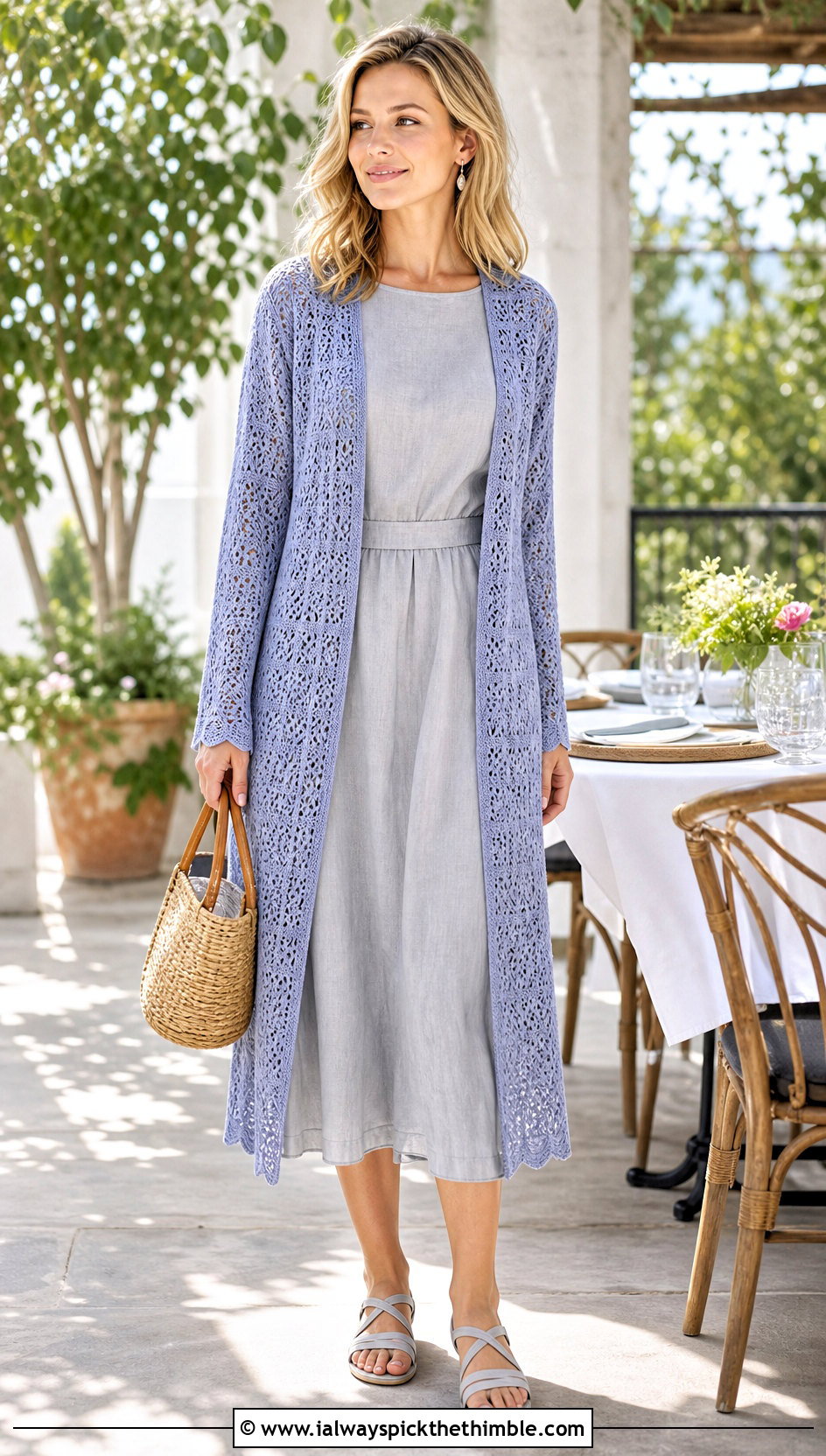 Lace Stitch Crochet Long Cardigan With Summer Dress - 25 crochet long sweater outfit ideas