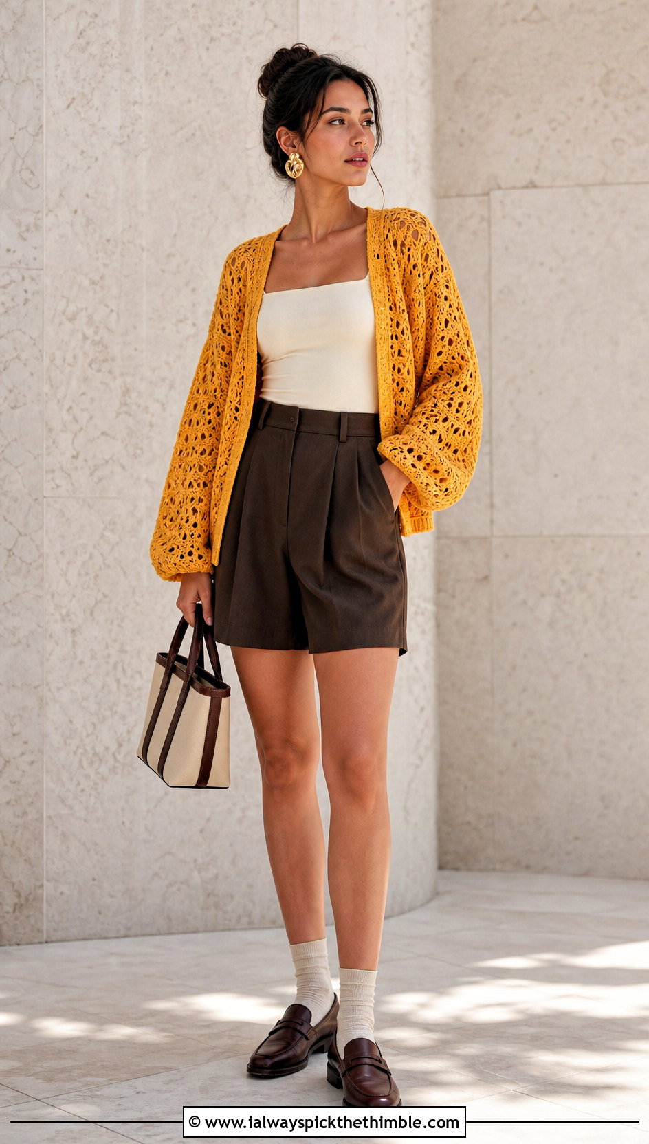 Lace Stitch Crochet Loose Sweater With Tailored Shorts - 25 crochet loose sweater outfit ideas