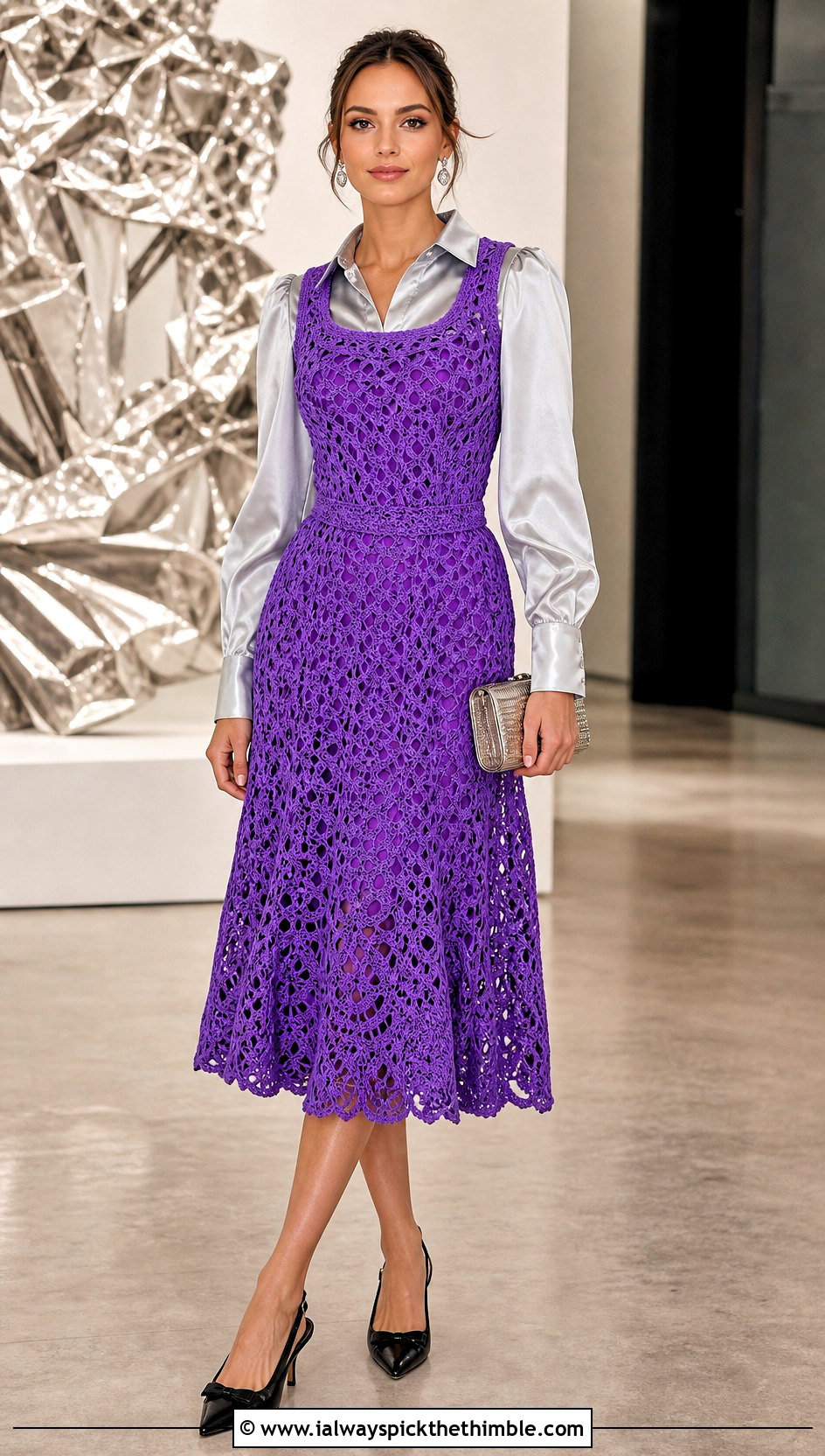 Lace Stitch Crochet Pinafore Dress With Satin Blouse - 25 Crochet Overall Dress outfit ideas