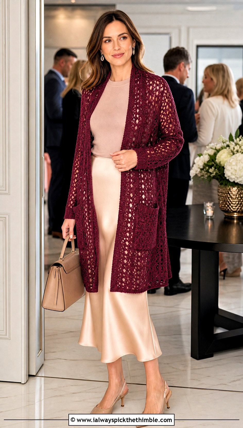 Lace Stitch Crochet Pocket Wrap With Satin Skirt - 20 Crochet Pocket Wrap outfit ideas