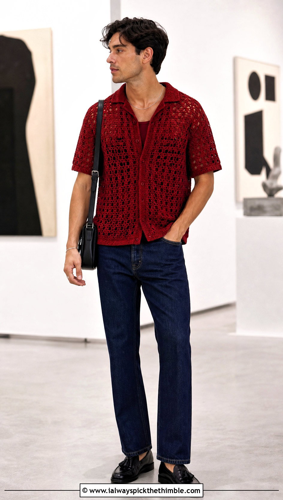 Lace Stitch Crochet Polo With Dark Jeans - 15 Mens Crochet Polo Shirt outfit ideas