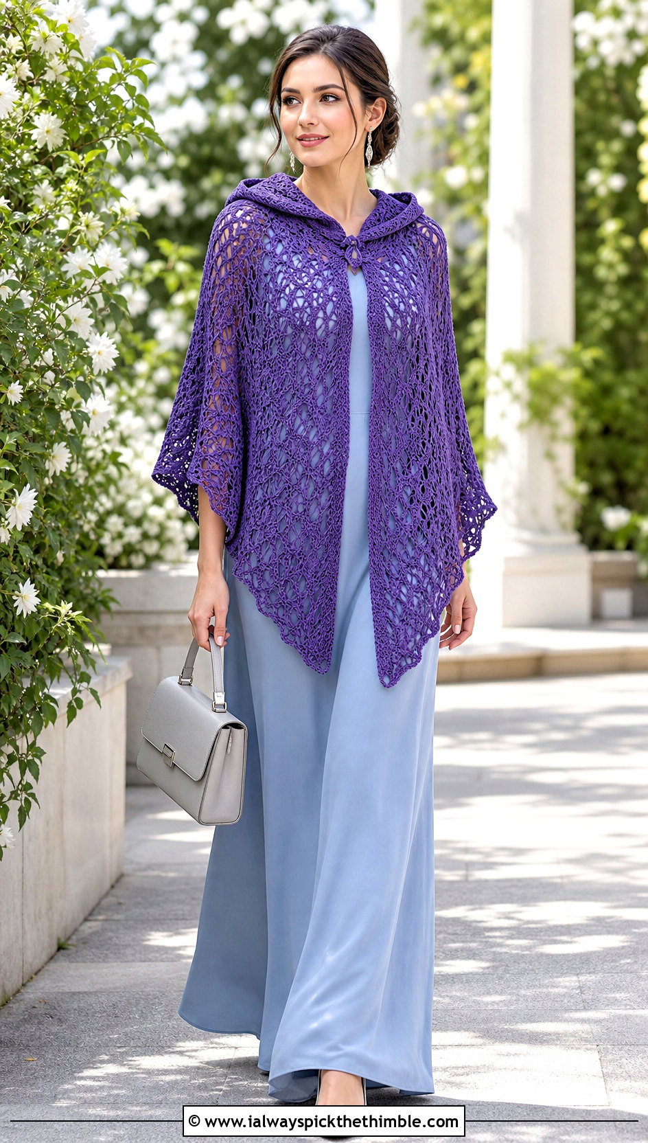 Lace Stitch Crochet Poncho With Hood and Maxi Dress - 25 crochet poncho with hood outfit ideas