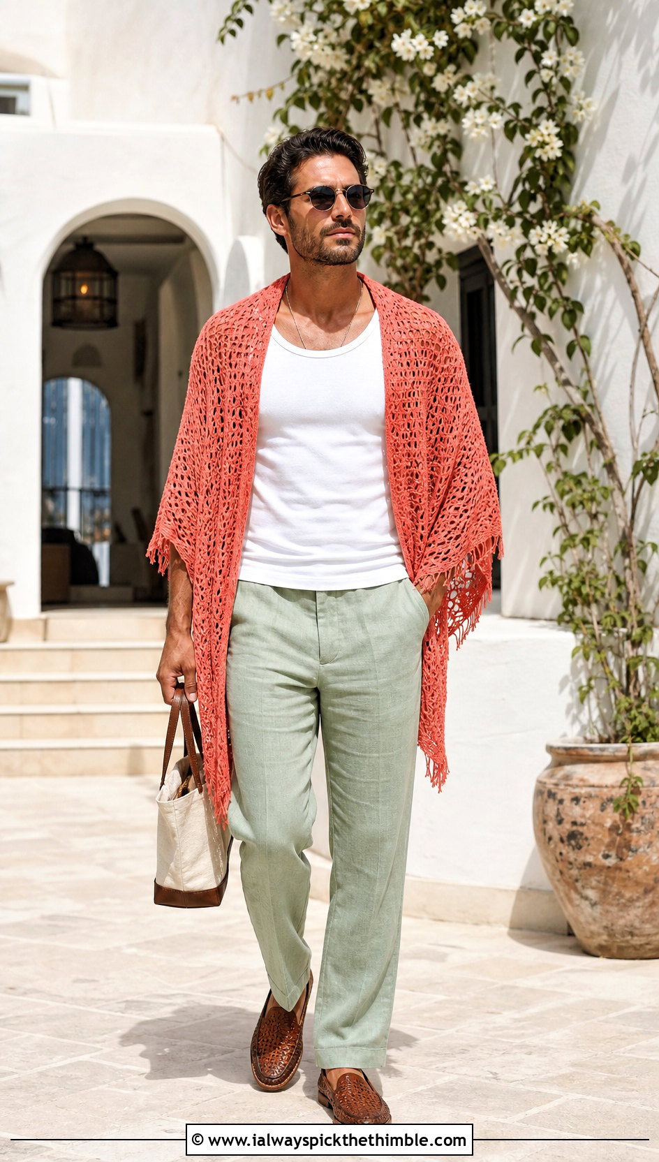 Lace Stitch Crochet Poncho With Linen Trousers - 20 crochet men's poncho outfit ideas