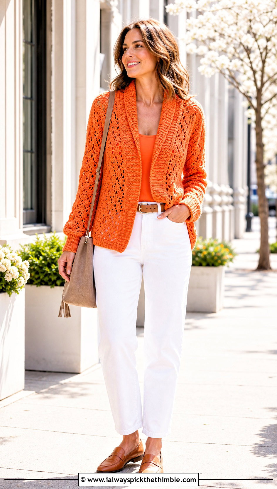 Lace Stitch Crochet Shawl Collar Sweater With White Jeans - 20 Crochet Shawl Collar Sweater outfit ideas