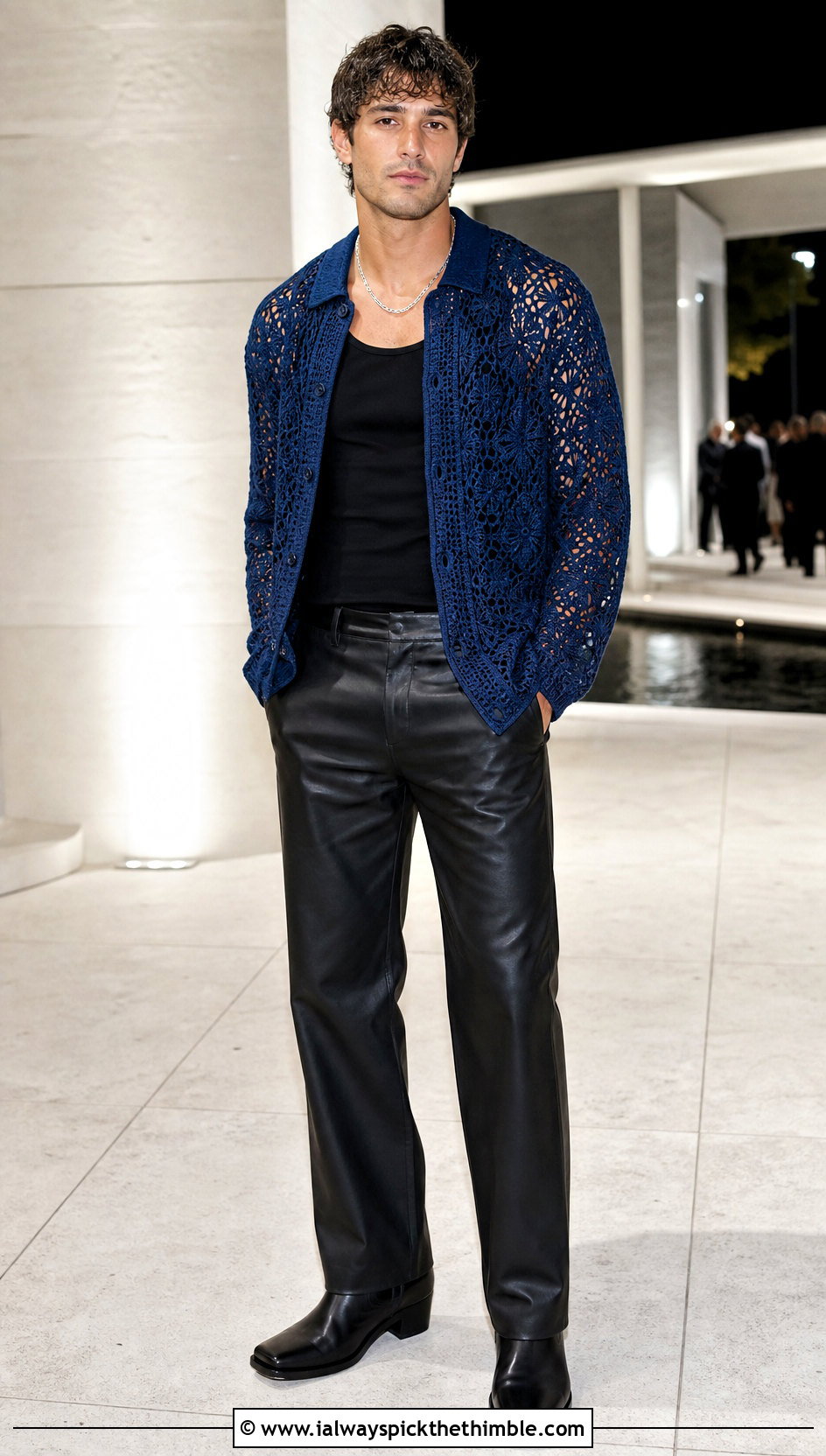 Lace Stitch Crochet Shirt With Leather Trousers - 25 crochet mens shirt outfit ideas