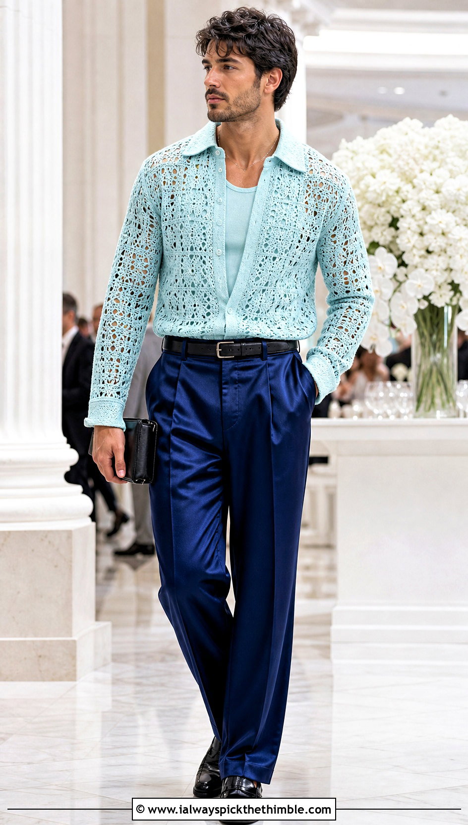 Lace Stitch Crochet Shirt With Satin Trousers - 20 Mens Crochet Outfit ideas
