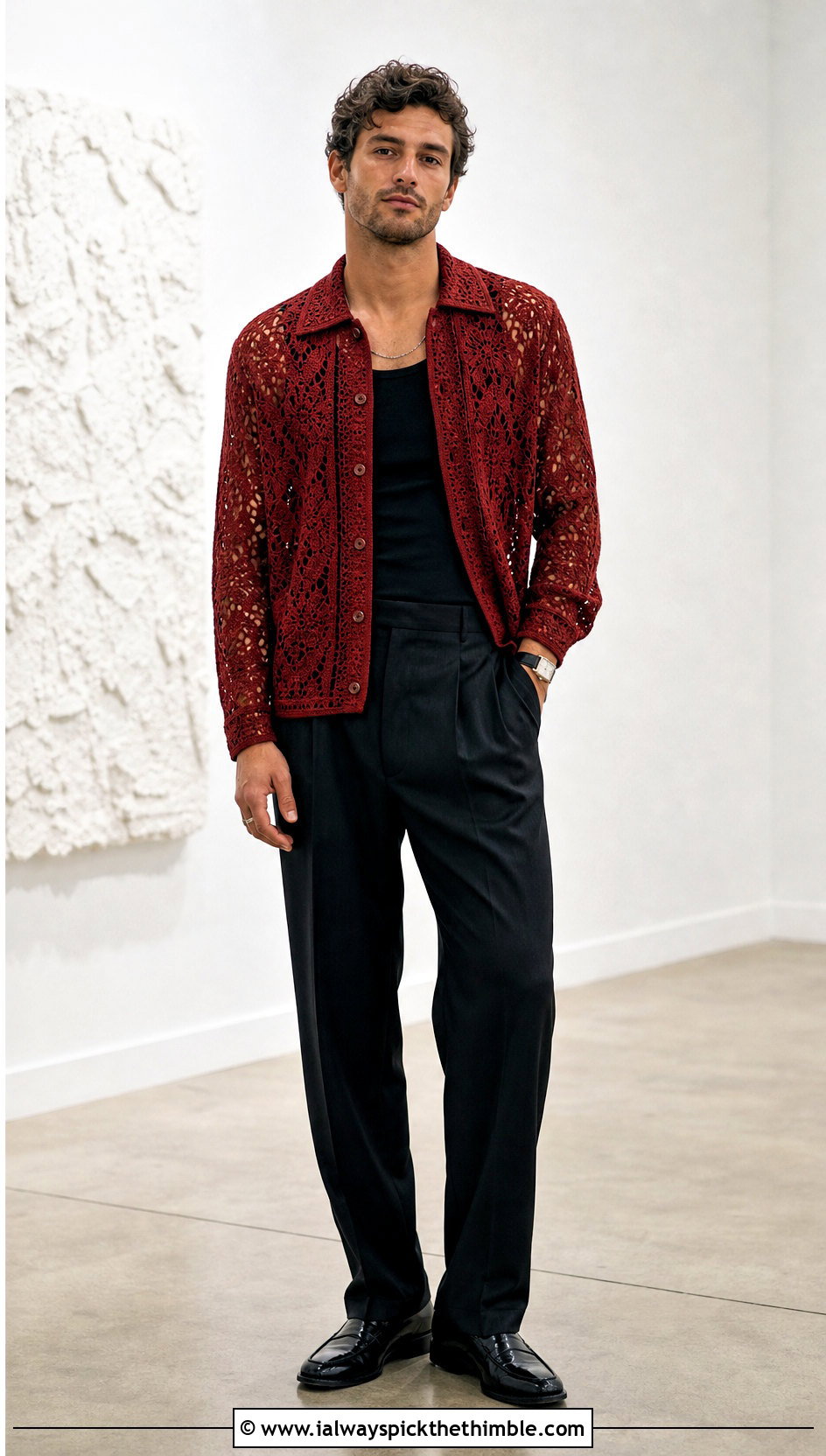 Lace Stitch Crochet Shirt With Tuxedo Trousers - 20 men crochet top outfit ideas
