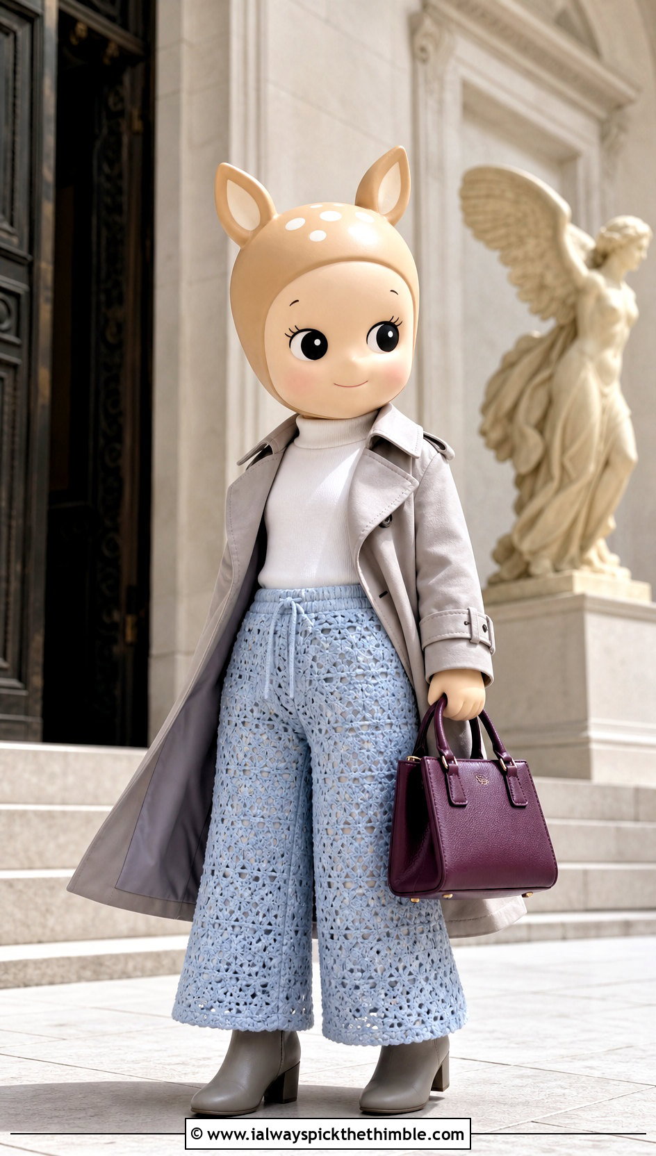 Lace Stitch Crochet Sonny Angel Pants With Trench Coat - 20 Crochet Sonny Angel Pants outfit ideas